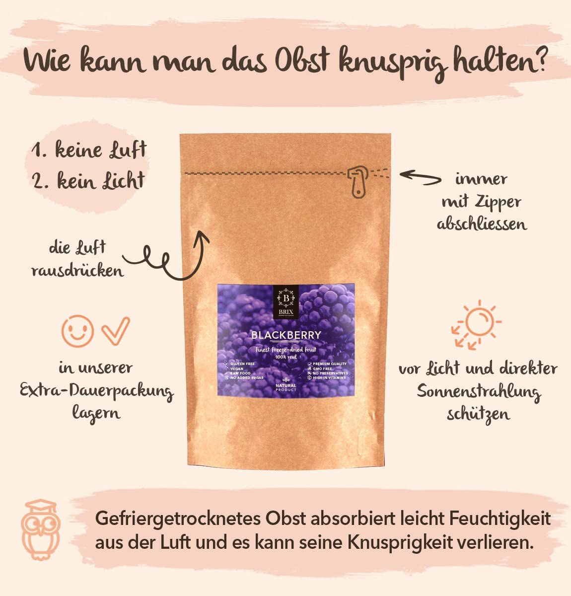 Gefriergetrocknete Brombeeren BRIX | Natürliche Brombeeren, getrocknet 105 g | Great Taste Award für getrocknete Beeren | GVO-frei, glutenfrei, vegan, ohne Vitamine. Naty Shop dehydrierte Produkte