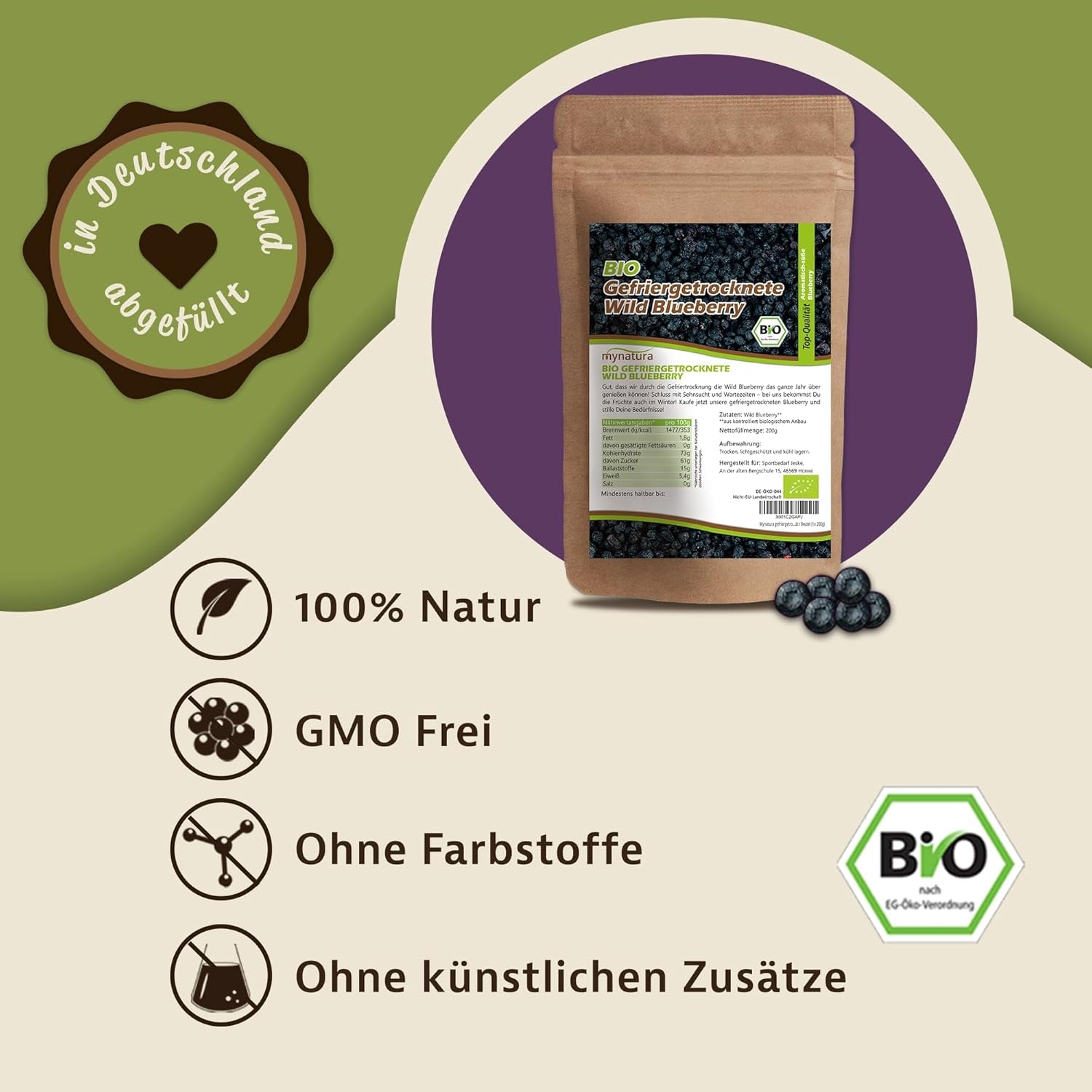 Mynatura Bio gefriergetrocknete Waldheidelbeeren I Heidelbeeren I Früchte I Beeren I Naturprodukt I Bio-Qualität I Beutel (1x 200g) Dehydrierte Produkte Naty Shop