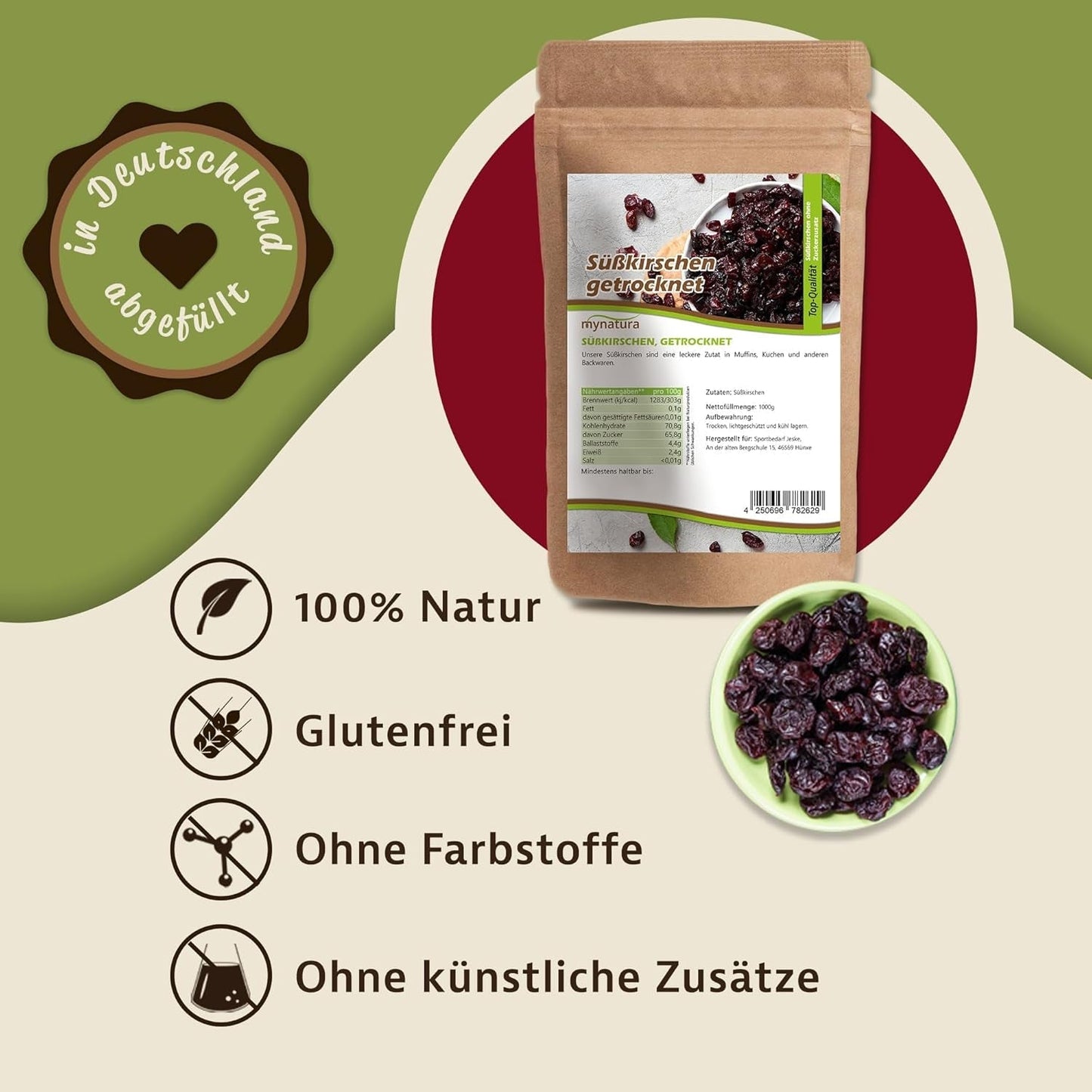 Mynatura süße, getrocknete, kernlose Kirschen I Ungesüßt I Trockenfrüchte I Ohne Zusatzstoffe I Backen I Kirschen I Snack I Müsli I Vegan I Beutel (1x 1000g) Dehydrierte Produkte Naty Shop
