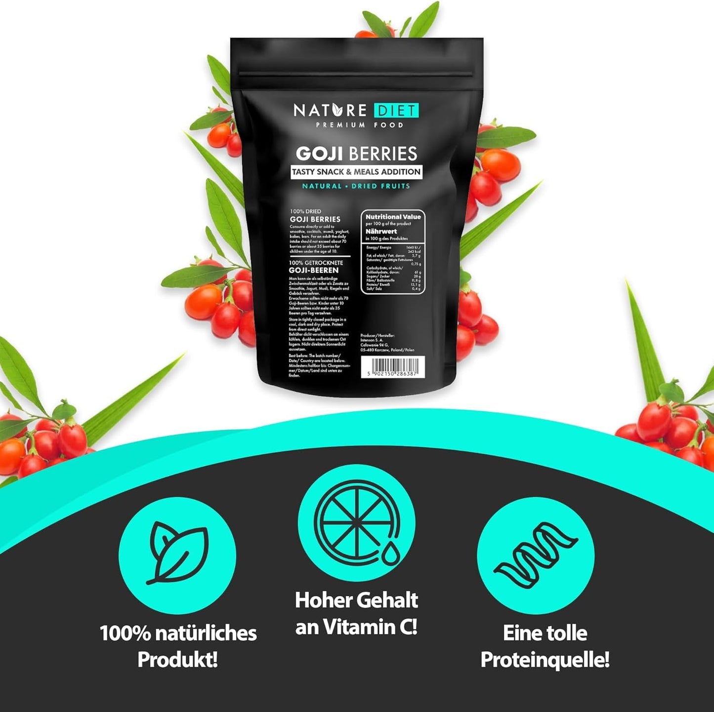 Nature Diet - Goji-Beeren 1000 g | Getrocknete Beeren | Gesunder Snack Naty Shop dehydrierte Produkte