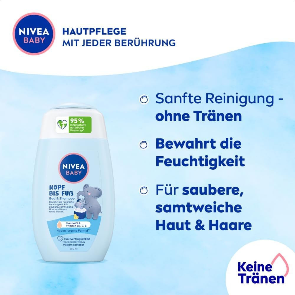 NIVEA BABY Kopf-bis-Fuß-Bad & Shampoo, sanftes veganes Shampoo für Kinderhaut und -haare mit Mandelöl, entspannendes Duschgel mit hypoallergener Formel ohne Parabene und Mikroplastik (200 ml) Kinder - Bade- und Hautpflege Naty Shop