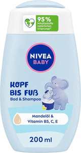 NIVEA BABY Kopf-bis-Fuß-Bad & Shampoo, sanftes veganes Shampoo für Kinderhaut und -haare mit Mandelöl, entspannendes Duschgel mit hypoallergener Formel ohne Parabene und Mikroplastik (200 ml) Kinder - Bade- und Hautpflege Naty Shop Standardtitel