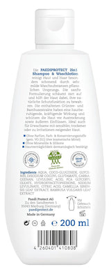 PAEDIPROTECT 2in1 Shampoo und Waschlotion für Babys und Kinder 200 ml, sanfte Reinigung und Haare ohne Parfüm und Mikroplastik, das Duschgel spendet trockener und empfindlicher Haut Feuchtigkeit, auch für Erwachsene Kinder - Bade- und Hautpflege Naty Shop