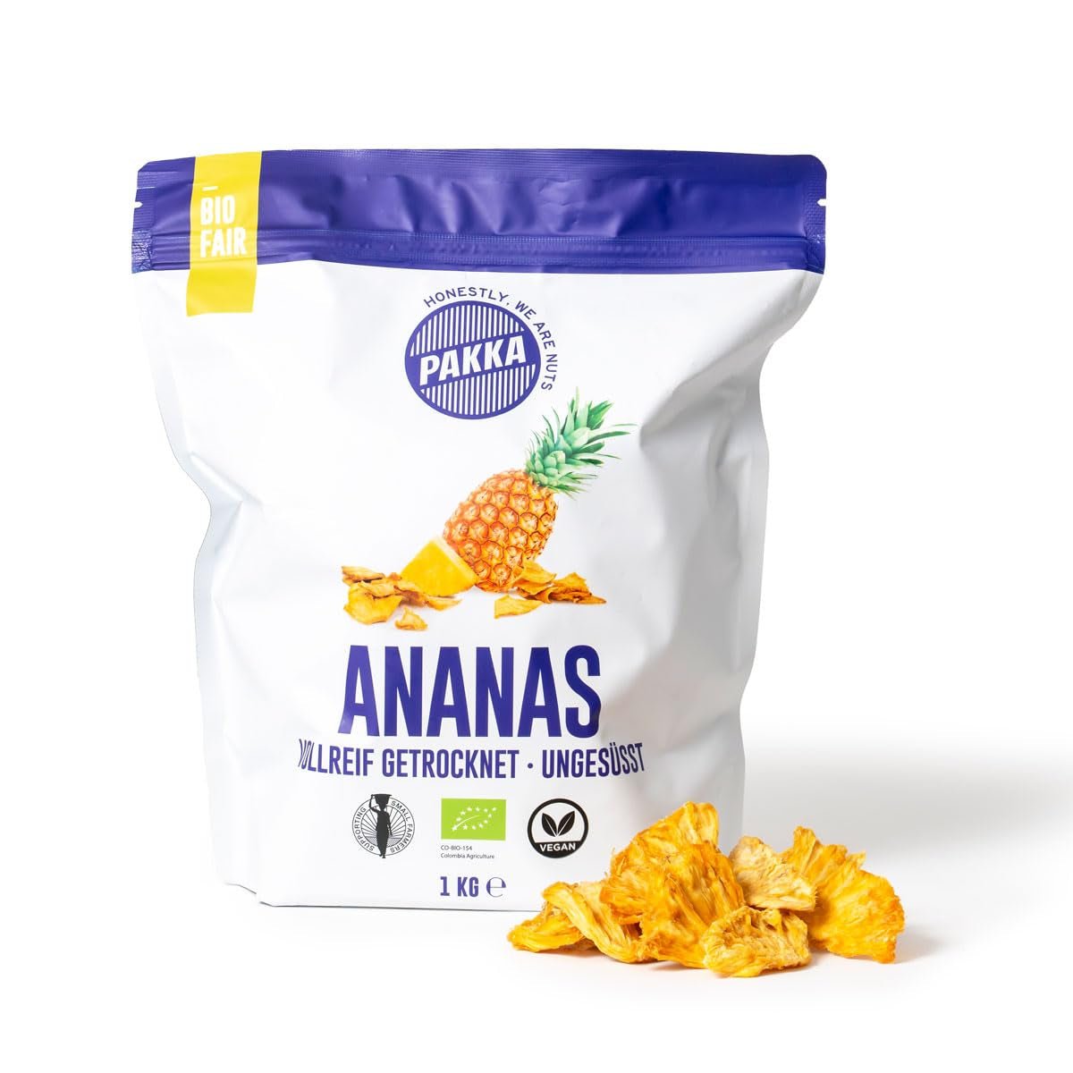 PAKKA Bio- und Fairtrade-Ananasstücke 1kg, Bio- und Fairtrade-getrocknete Ananas, ungesüßt, ungeschwefelt, direkt vom Produzenten in Kolumbien produziert und abgefüllt, vegan 1000g Dehydrierte Produkte Naty Shop Variante 2: 1 kg (1 Packung)