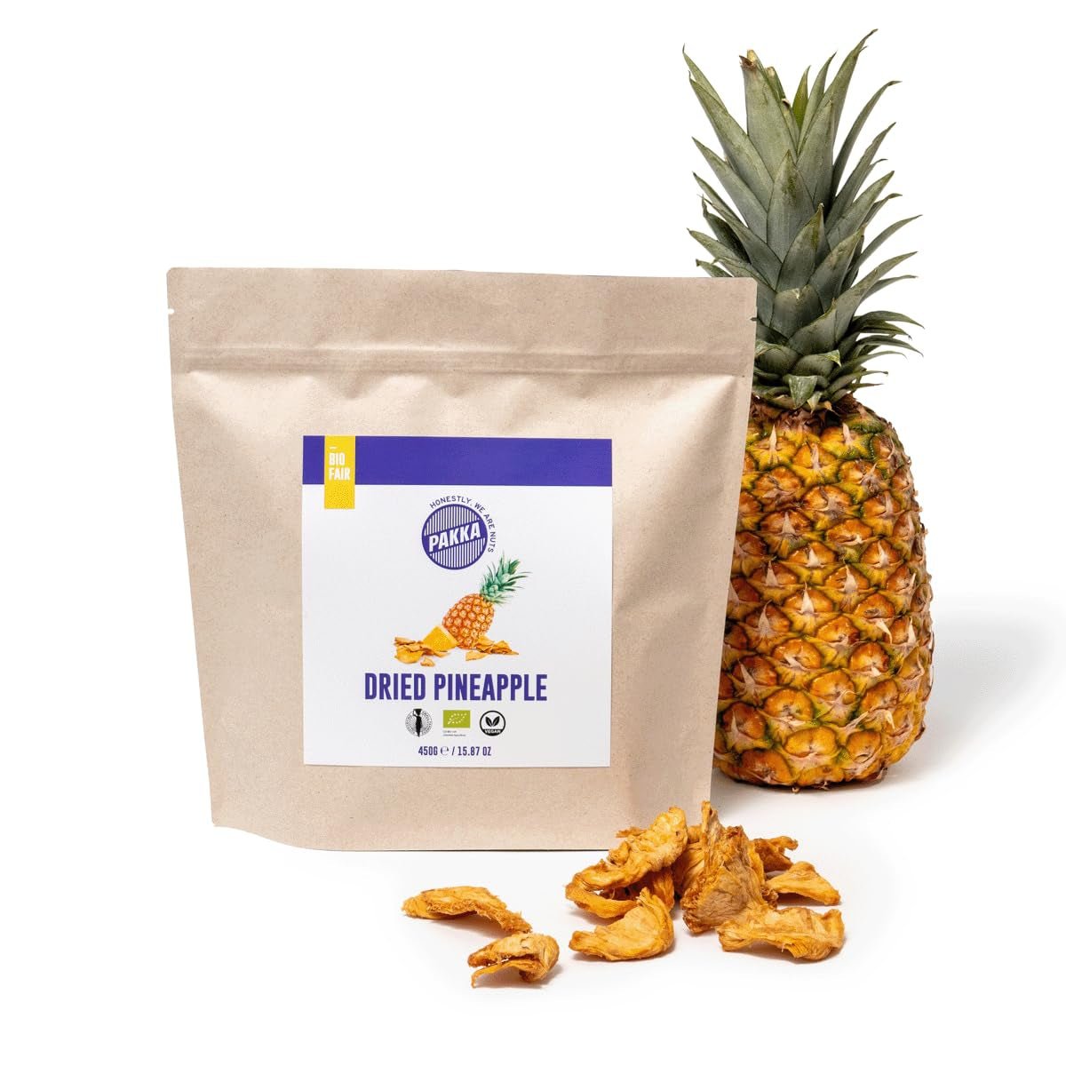 PAKKA Bio- und Fairtrade-Ananasstücke 1kg, Bio- und Fairtrade-getrocknete Ananas, ungesüßt, ungeschwefelt, direkt vom Produzenten in Kolumbien produziert und abgefüllt, vegan 1000g Dehydrierte Produkte Naty Shop Variante 1: 450 G (1 Packung)