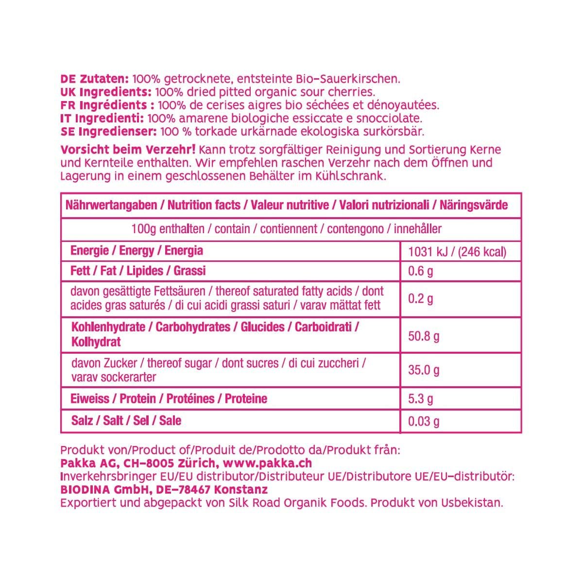 PAKKA – Sonnengetrocknete Bio-Fairtrade-Kirschen 750 g, wild geerntete Bio-Kirschen, ungesüßt, ungesüßt direkt von Kleinbauern in Samarkand, Usbekistan, vegan, 750 g Naty Shop Dehydrierte Produkte