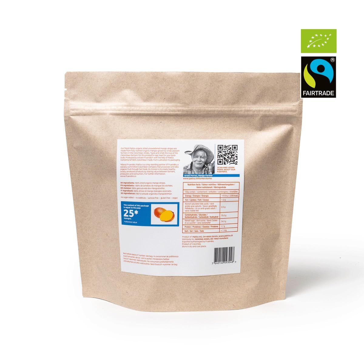 PAKKA Bio-Mangos aus fairem Handel 1 kg, Bio- und fair getrocknete Mangostücke, ungesüßt, ungeschwefelt, direkt vom Produzenten in Kolumbien produziert und abgefüllt, vegan 1 kg (1 Packung) Dehydrierte Produkte Naty Shop