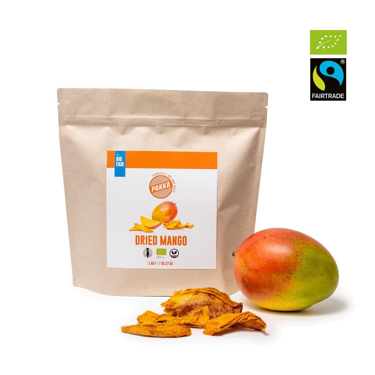 PAKKA Bio-Mangos aus fairem Handel 1 kg, Bio- und fair getrocknete Mangostücke, ungesüßt, ungeschwefelt, direkt vom Produzenten in Kolumbien produziert und abgefüllt, vegan 1 kg (1 Packung) Dehydrierte Produkte Naty Shop