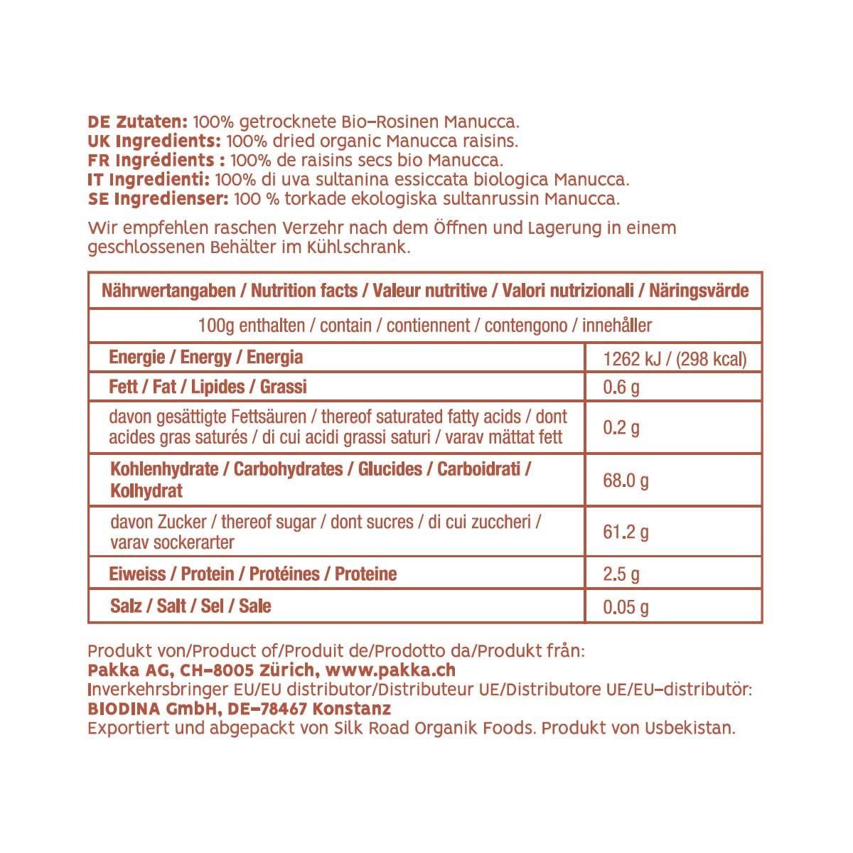 PAKKA – Bio-Fairtrade-Jumbo-Manucca-Rosinen 1 kg mit 2 – 3 knackigen Samen, sonnengetrocknete Manucca-Trauben, ölfrei, daher klebrig, ungeschwefelt, von Kleinbauern in Samarkand, Usbekistan, 1000 g, dehydrierte Produkte, Naty Shop