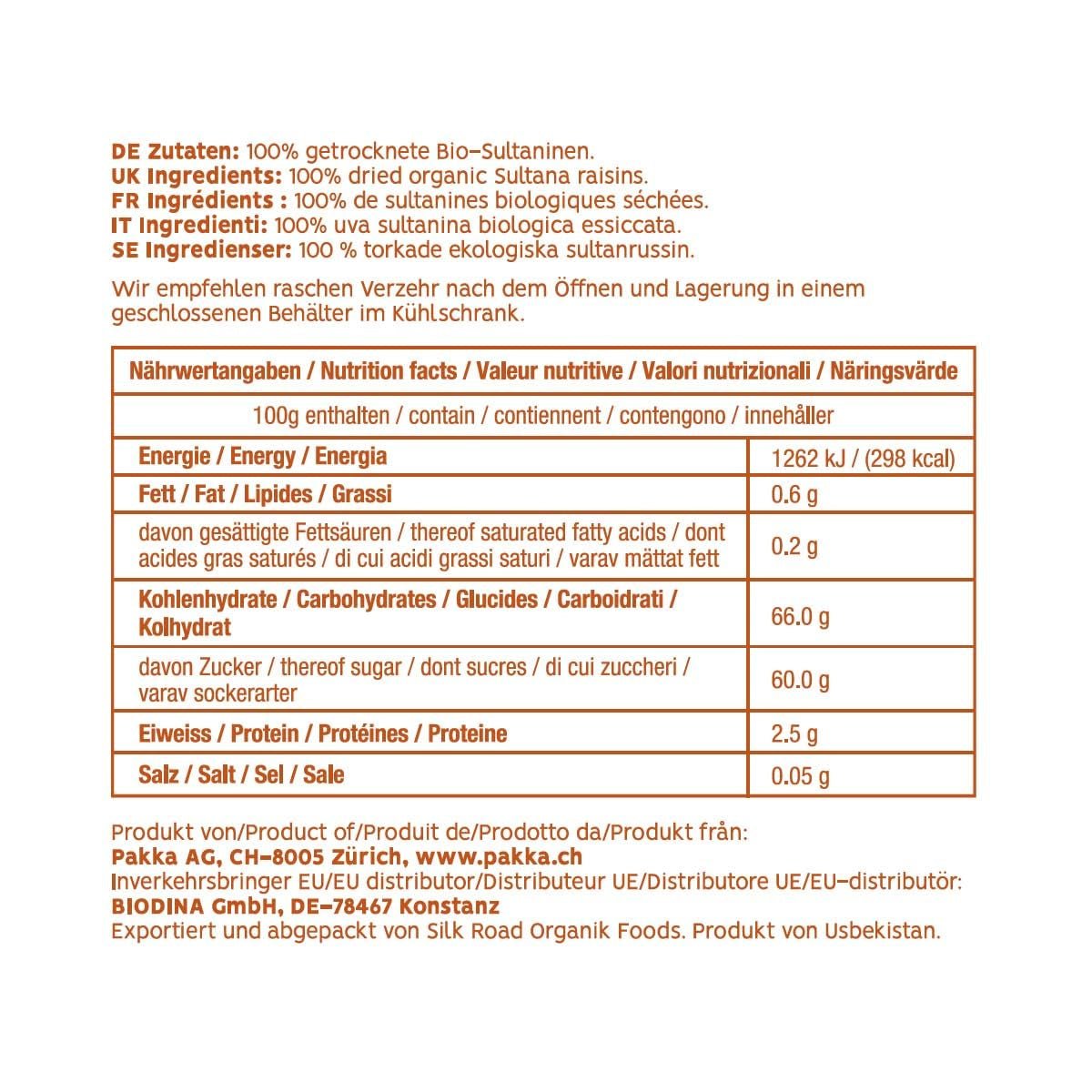 PAKKA – Bio-Fairtrade-Sultaninen 1 kg, kernlose, hautlose und sonnengetrocknete Sultaninen Sultaninen aus Samarkand Usbekistan 1000 g Dehydrierte Produkte Naty Shop