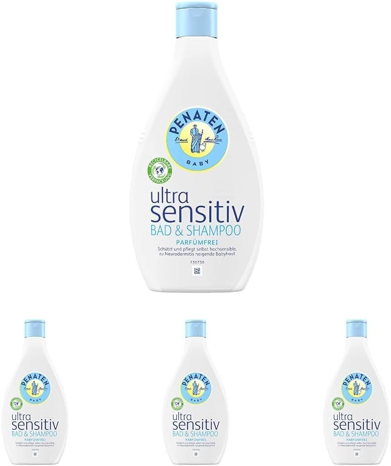PENATEN Ultra Sensitive Bad & Shampoo (400 ml), Bad und Shampoo für Babys, besonders sanft für die sehr empfindliche Haut von zu Neurodermitis neigenden Babys, Duschgel und Haarshampoo ohne Parfüm und Farbstoffe Kinder - Bade- und Hautpflege Naty Shop 400 ml (4er Pack) Waschgel