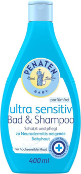 PENATEN Ultra Sensitive Bad & Shampoo (400 ml), Babybad und Shampoo besonders sanft für die sehr empfindliche Haut von zu Neurodermitis neigenden Babys, Duschgel und Haarshampoo ohne Parfüm und Farbstoffe Kinder - Bade- und Hautpflege Naty Shop 400 ml (1 Packung) Waschgel