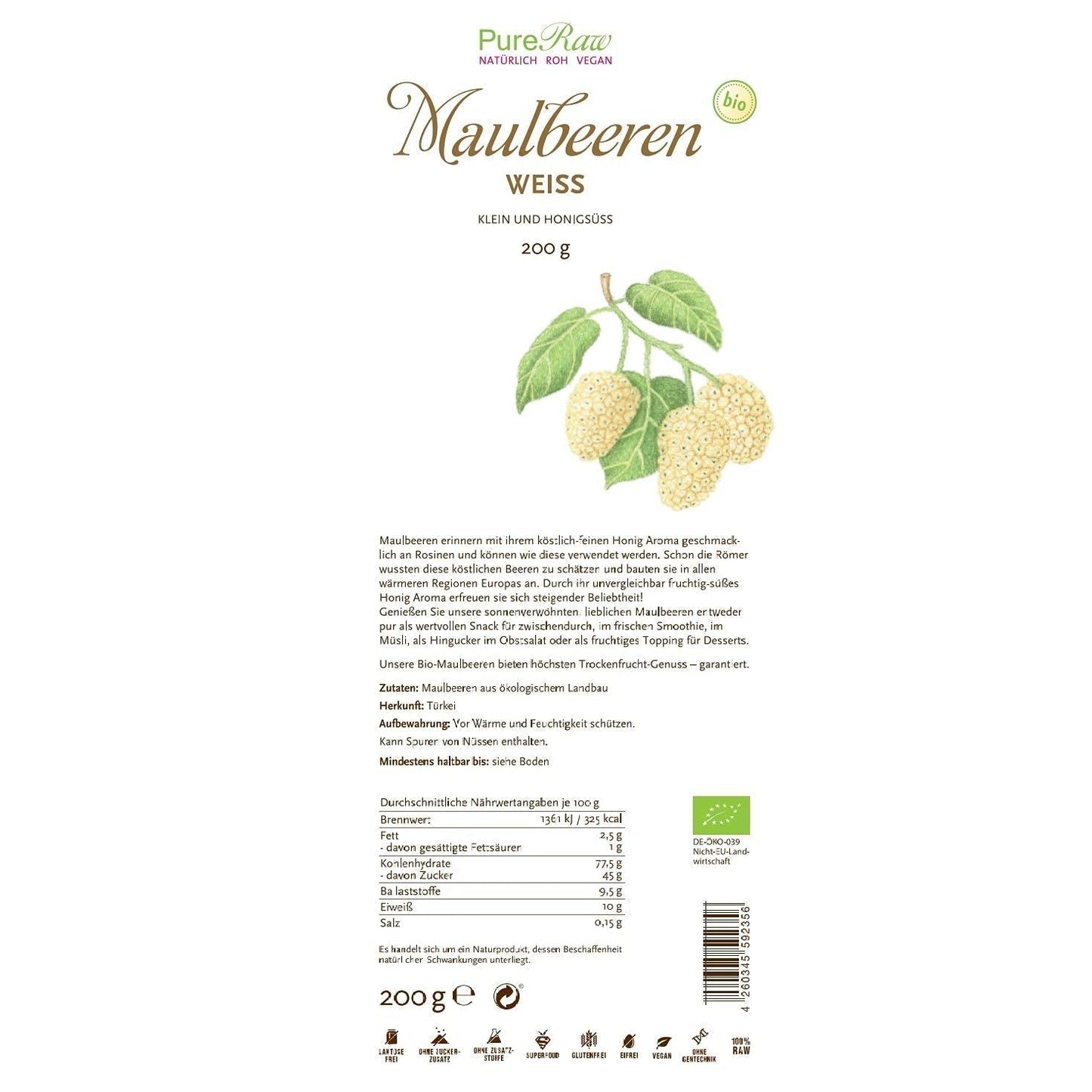 Premium Bio getrocknete (roh-vegane) weiße Maulbeeren Morus Alba Maulbeerfrucht – Trockenfrüchte ohne Zuckerzusatz aus der Türkei – Bio rohe weiße Maulbeeren Trockenfrüchte | PureRaw 200g Naty Shop dehydrierte Produkte