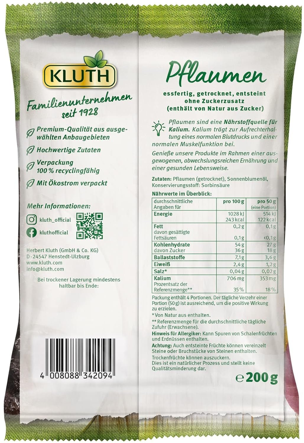Pflaumen mit Steinen 200g – Aromatisch, fruchtig und natürlich süß – Vegan, ungeschwefelt, ohne Steine und ohne Zuckerzusatz – Nutri-Score A (1 x 200g) Dehydrierte Produkte Naty Shop