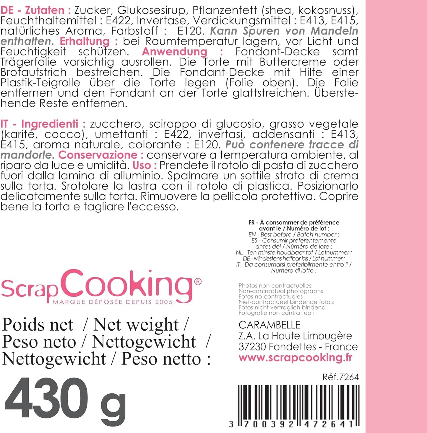 ScrapCooking - Rosa Fondantrolle â'¬ 36 cm - Gerollter schwarzer Fondant 430 g - Tortenaufsatz Fondantaufsatz Dekoration für Kuchen, Backen, Geburtstage, Partys - Rosa - 7264 Zuckerpaste Naty Shop