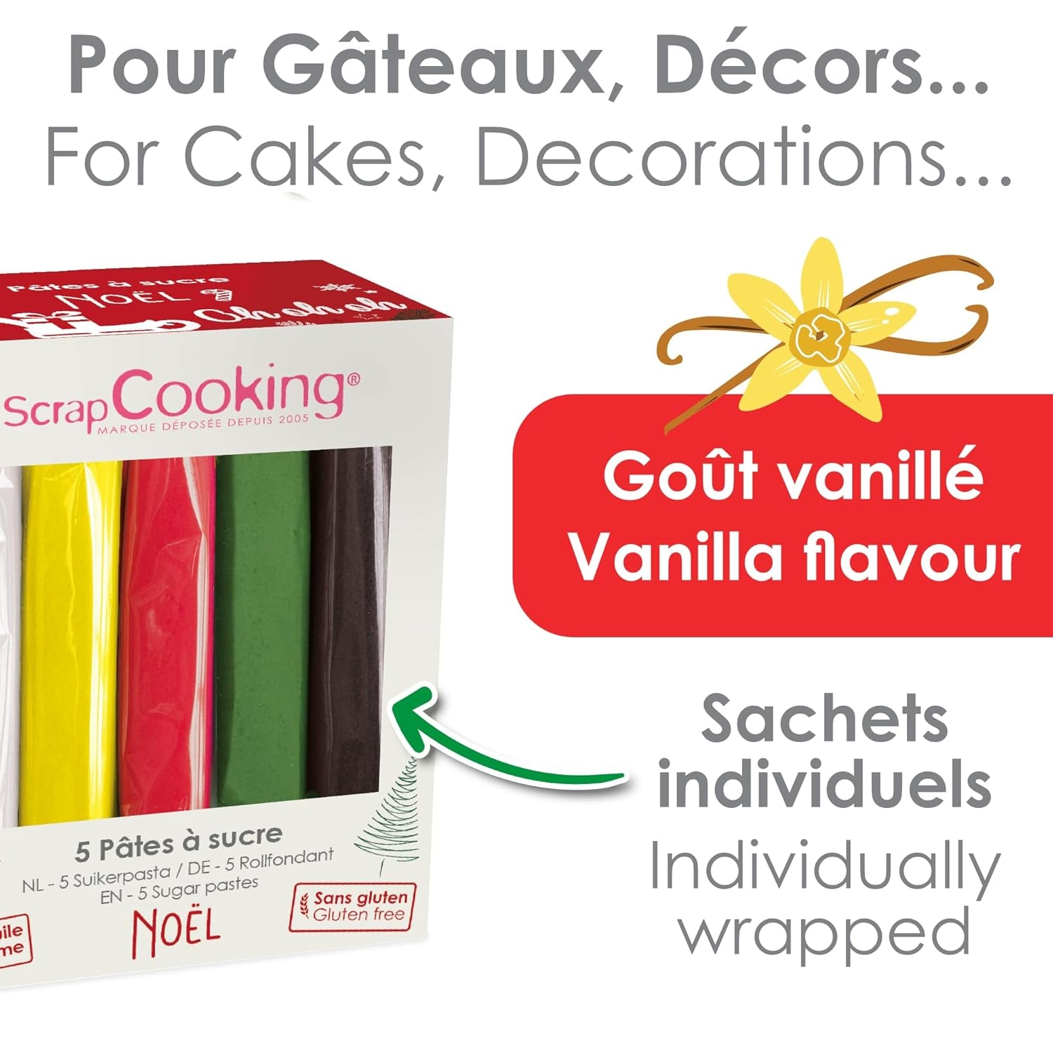 ScrapCooking – Set mit 5 Fondants – weiß, gelb, rot, grün und braun – 5 x 80 g – Zuckerpaste für Kuchen, Kuchendekorationen, Geburtstag, Weihnachten – glutenfrei und frei von Palmöl – 7257 Naty Shop Zuckerpaste