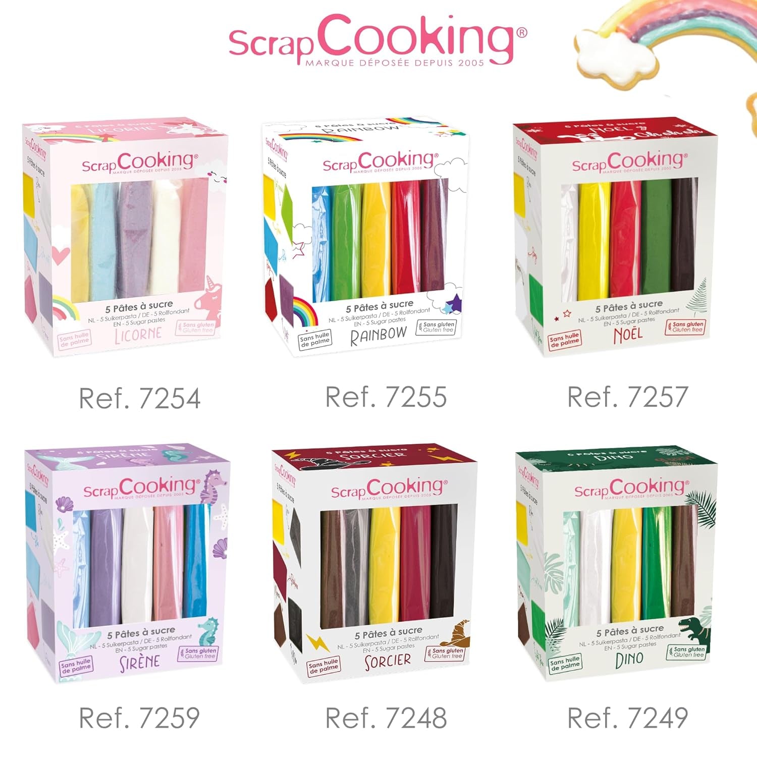 ScrapCooking – Set mit 5 Fondants – weiß, gelb, rot, grün und braun – 5 x 80 g – Zuckerpaste für Kuchen, Kuchendekorationen, Geburtstag, Weihnachten – glutenfrei und frei von Palmöl – 7257 Naty Shop Zuckerpaste