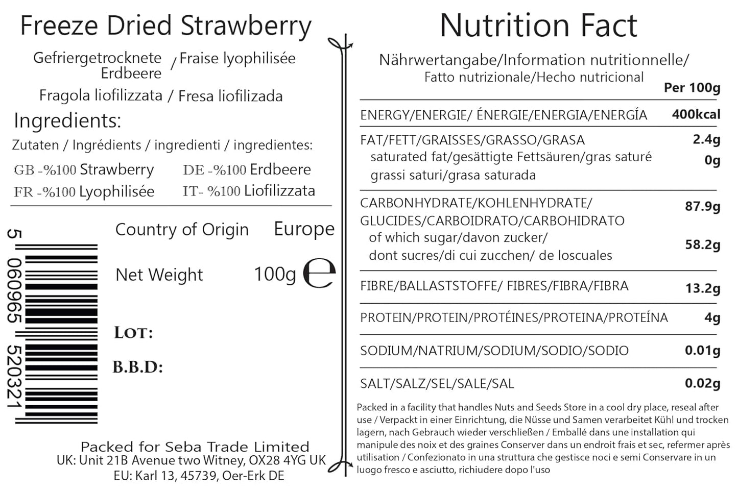 Seba Garden Premium gefriergetrocknete Erdbeeren, köstliche mediterrane Erdbeeren, gentechnikfrei und vegan (100 g) Trockenprodukte Mein Shop