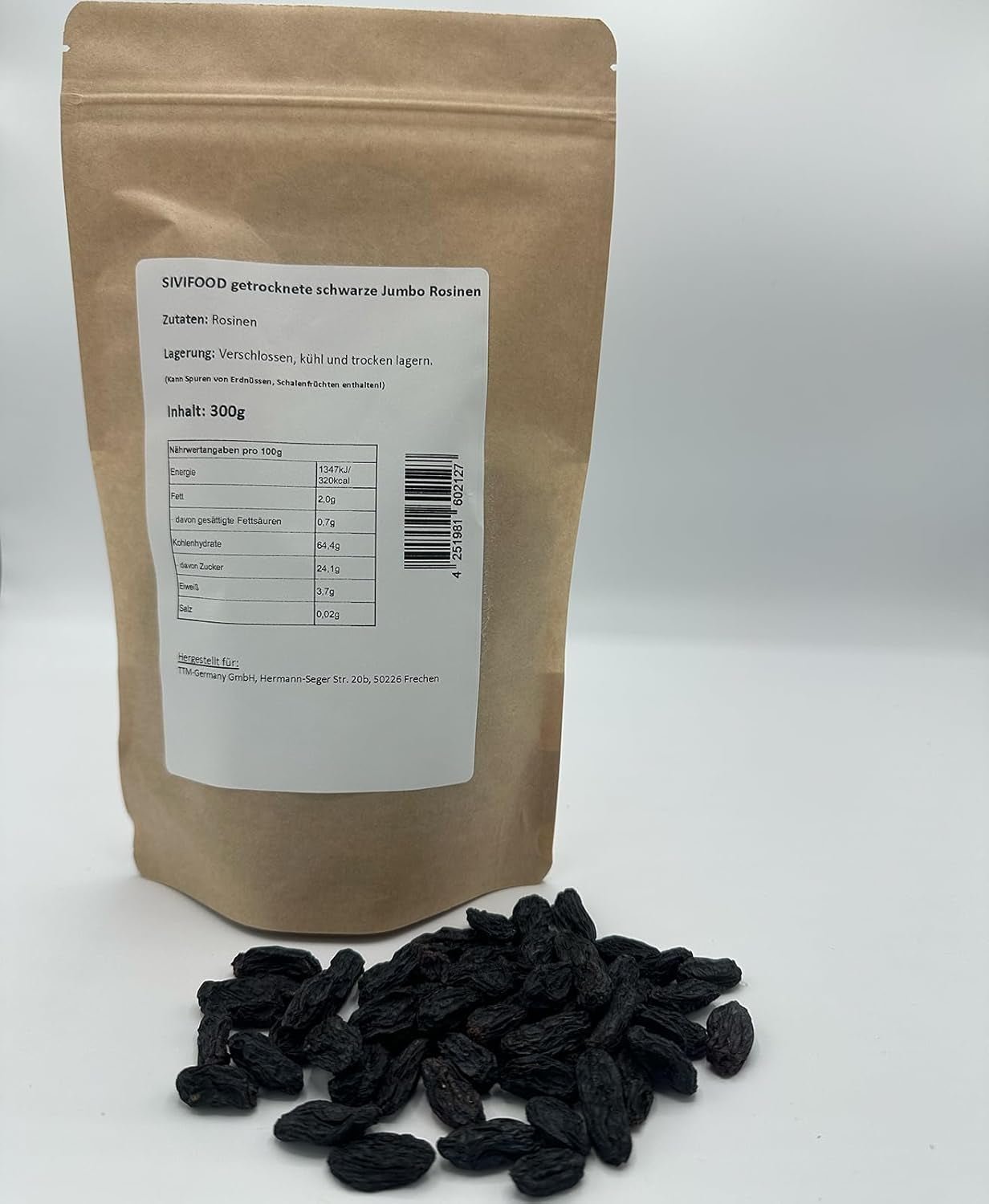 SIVIFOOD Jumbo schwarze Sultaninen 300 g – große und köstliche schwarze Sultaninen von höchster Qualität, natürlich getrocknete, süße, fruchtige Trauben, ungeschwefelt, ungesüßt, ungesüßt, ölfrei, Kishmish-Zusätze, dehydrierte Produkte, Naty Shop