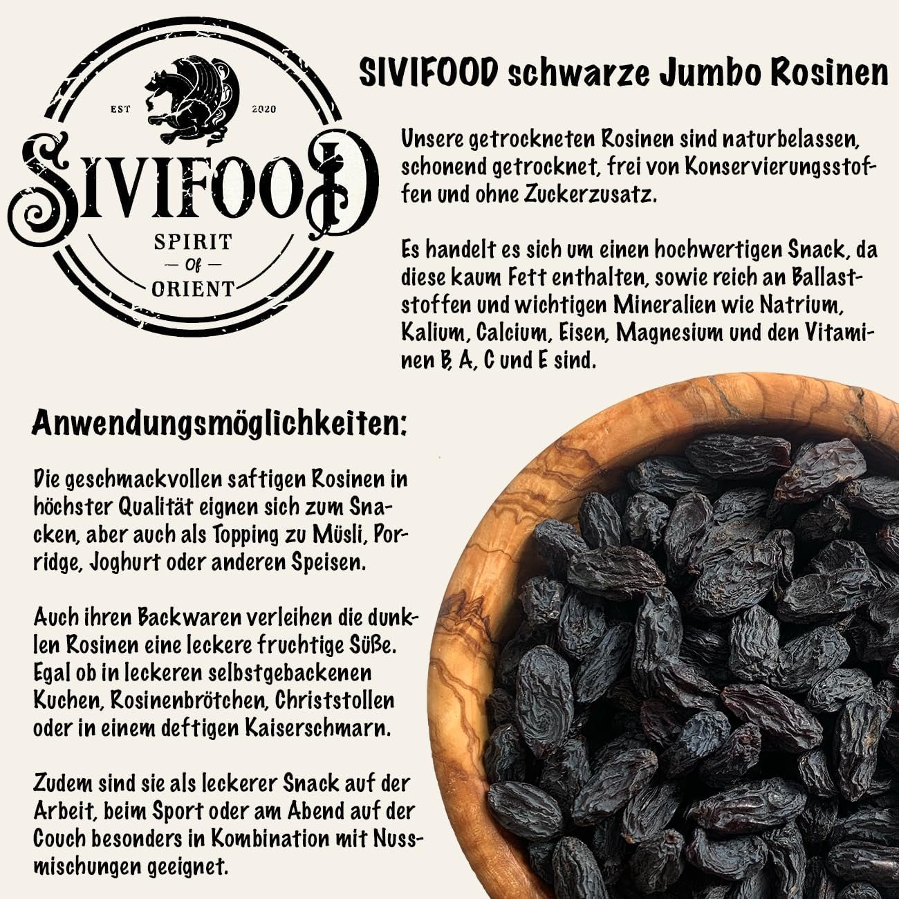 SIVIFOOD Jumbo schwarze Sultaninen 300 g – große und köstliche schwarze Sultaninen von höchster Qualität, natürlich getrocknete, süße, fruchtige Trauben, ungeschwefelt, ungesüßt, ungesüßt, ölfrei, Kishmish-Zusätze, dehydrierte Produkte, Naty Shop