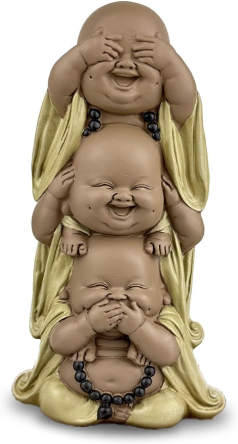Statue 3 lachende Buddhas - Nichts sehen - Nichts hören - Nichts sagen - Baby Buddha Symbolisches Ensemble - Friedliche und freudige Stimmung - Zen-Dekor - H 18 cm - Zen'Light Statuetten und Skulpturen Naty Shop Braun Beige H 18
