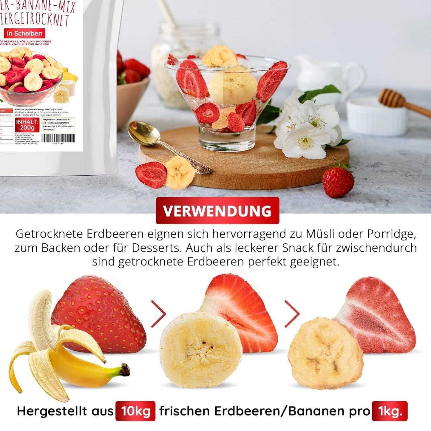 Erdbeer-Bananen-Mix 200g – gefriergetrocknete Erdbeeren und gefriergetrocknete Bananen als leckerer Snack im Beutel. Dehydrierte Produkte Naty Shop