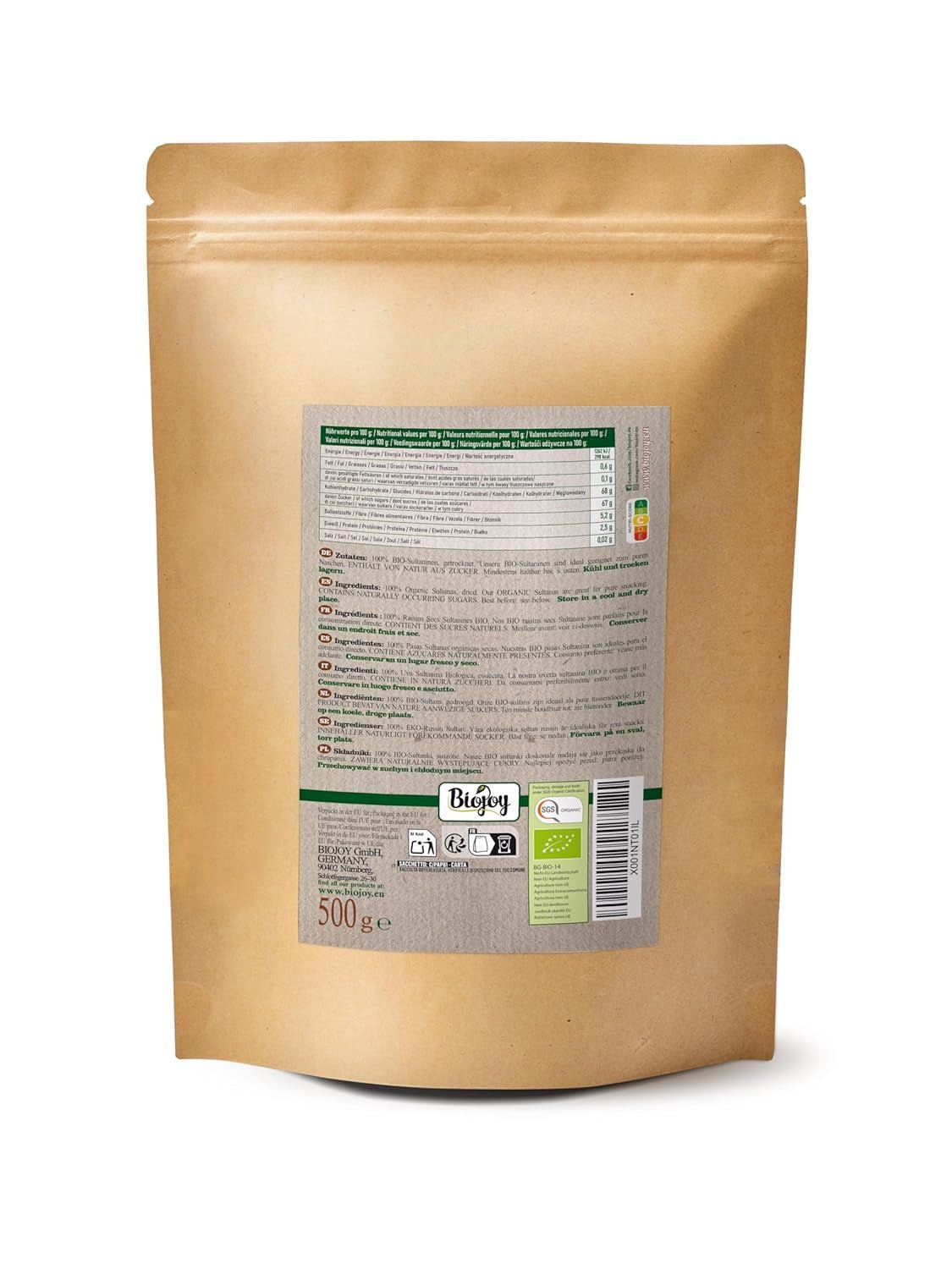 Biojoy Bio-Sultaninen (500 g), getrocknete und ungeschwefelte Naty Shop dehydrierte Produkte