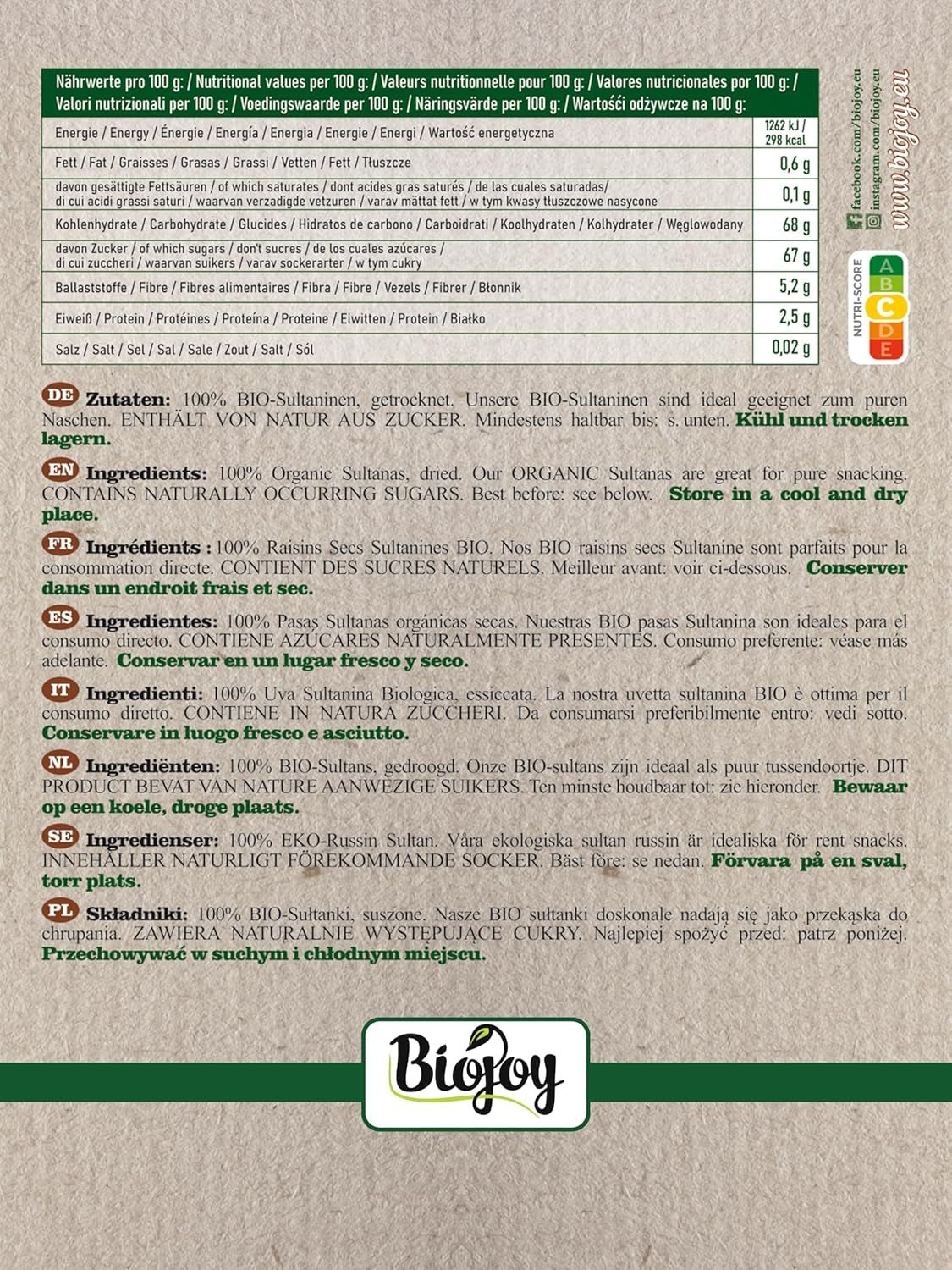Biojoy Bio-Sultaninen (500 g), getrocknete und ungeschwefelte Naty Shop dehydrierte Produkte