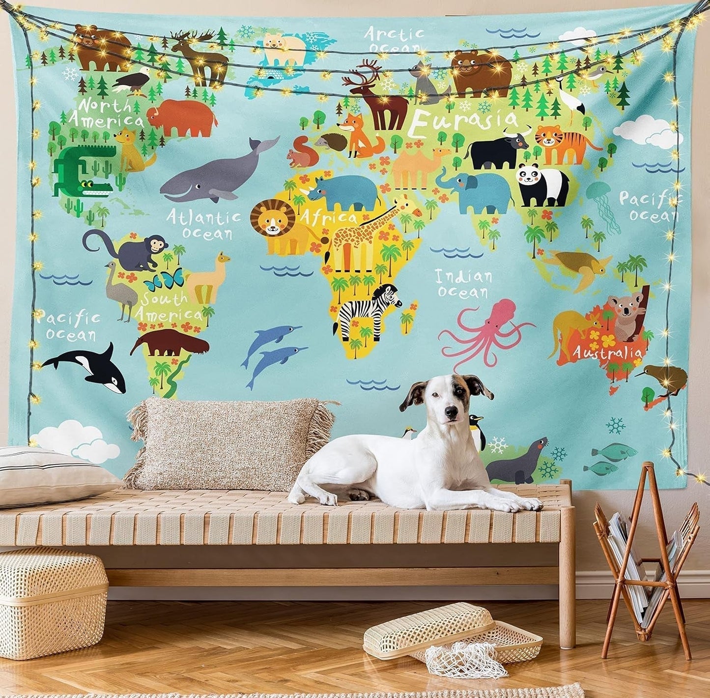 Wandteppich Abakuhaus Fernweh Tierkarte der Welt Zeichnungen Zuhause – Accessoires und Dekorationen Naty Shop