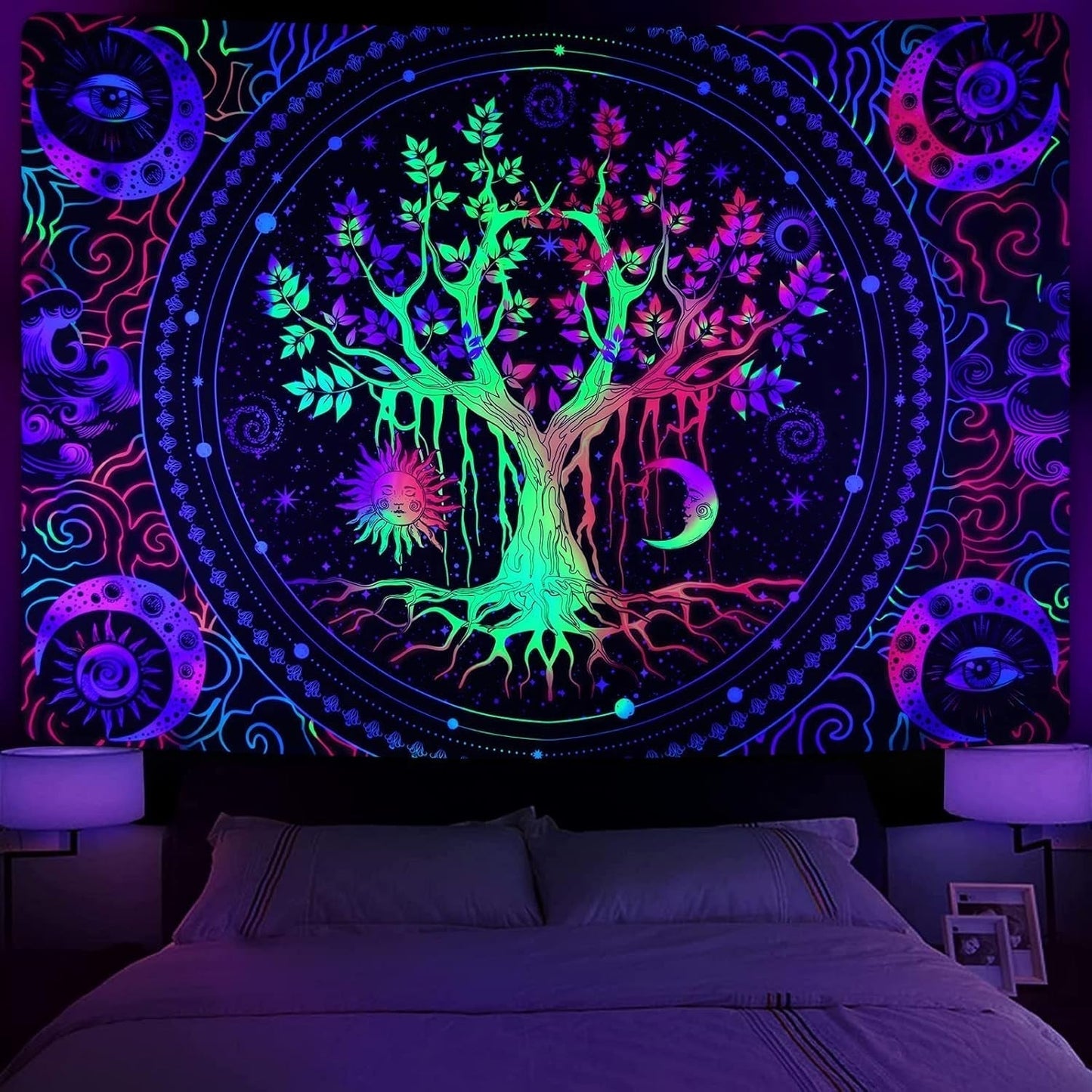 Wandteppich Alishomtll Tree Life fluoreszierende Sonne und Mond Zuhause – Accessoires und Dekorationen Naty Shop Multi 210L x 150B cm