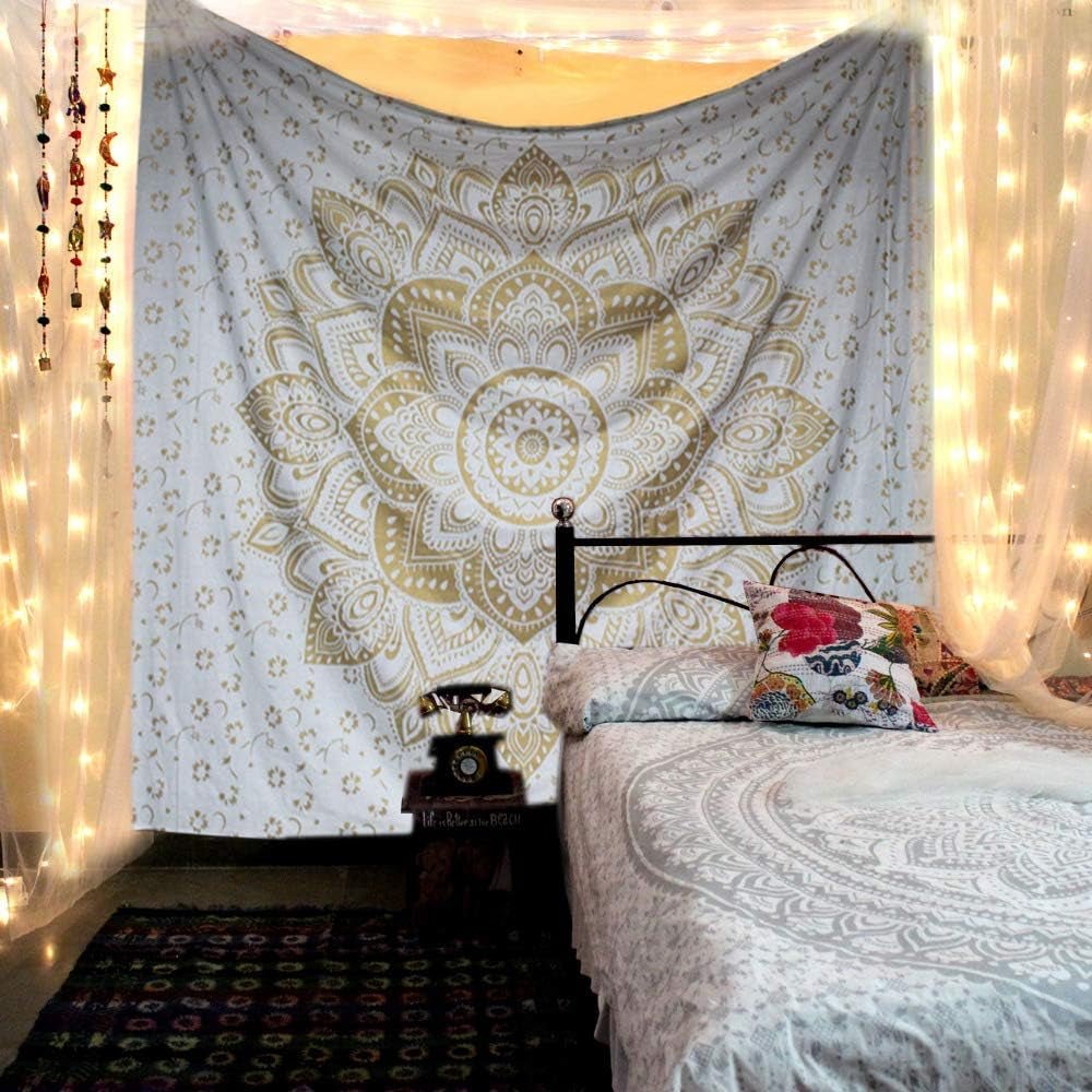 Gobelin mit goldenem Metallic-Mandala, Strandüberwurf aus indischer Baumwolle von Casa – Accessoires und Dekorationen Naty Shop