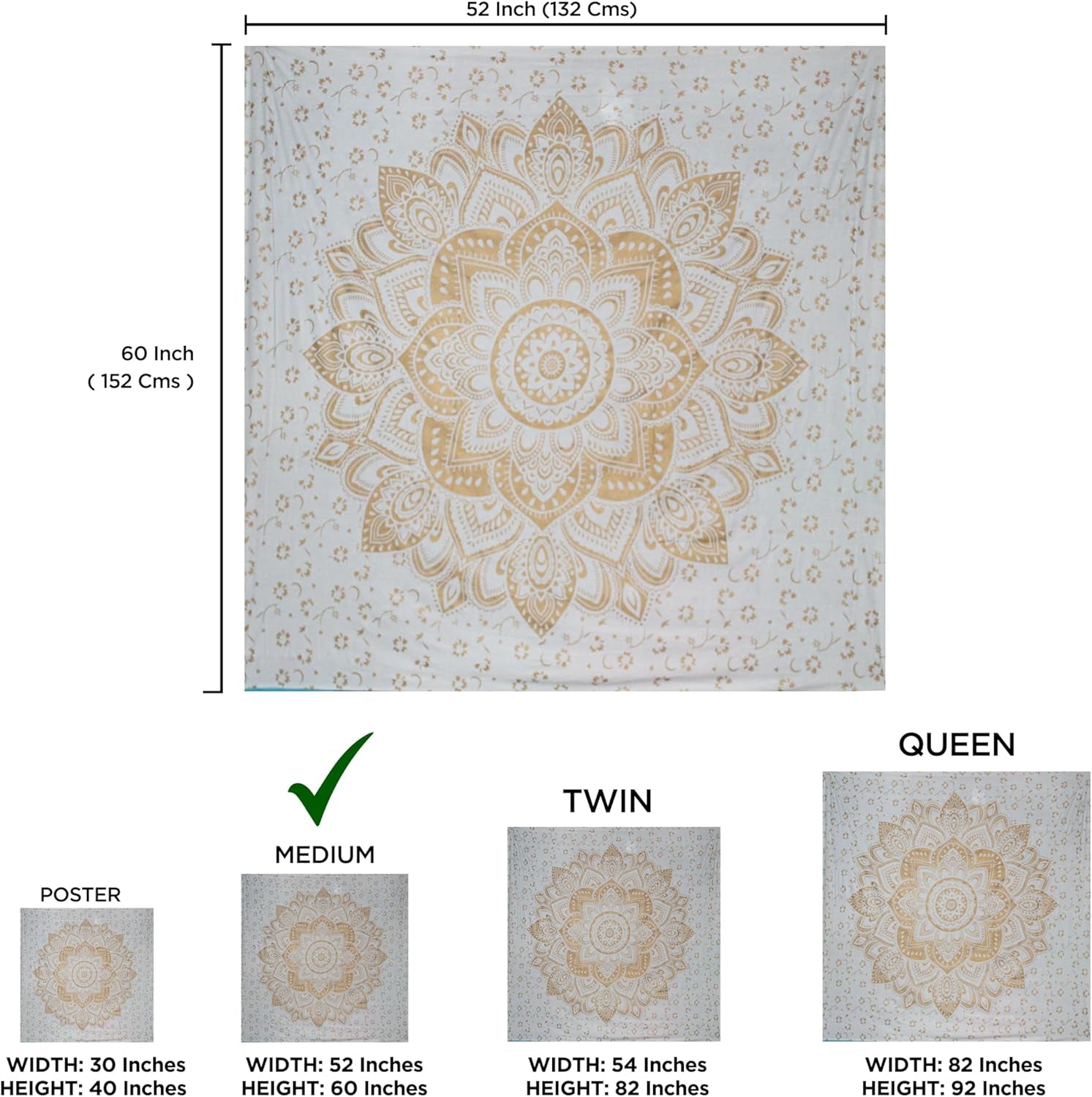 Gobelin mit goldenem Metallic-Mandala, Strandüberwurf aus indischer Baumwolle von Casa – Accessoires und Dekorationen Naty Shop