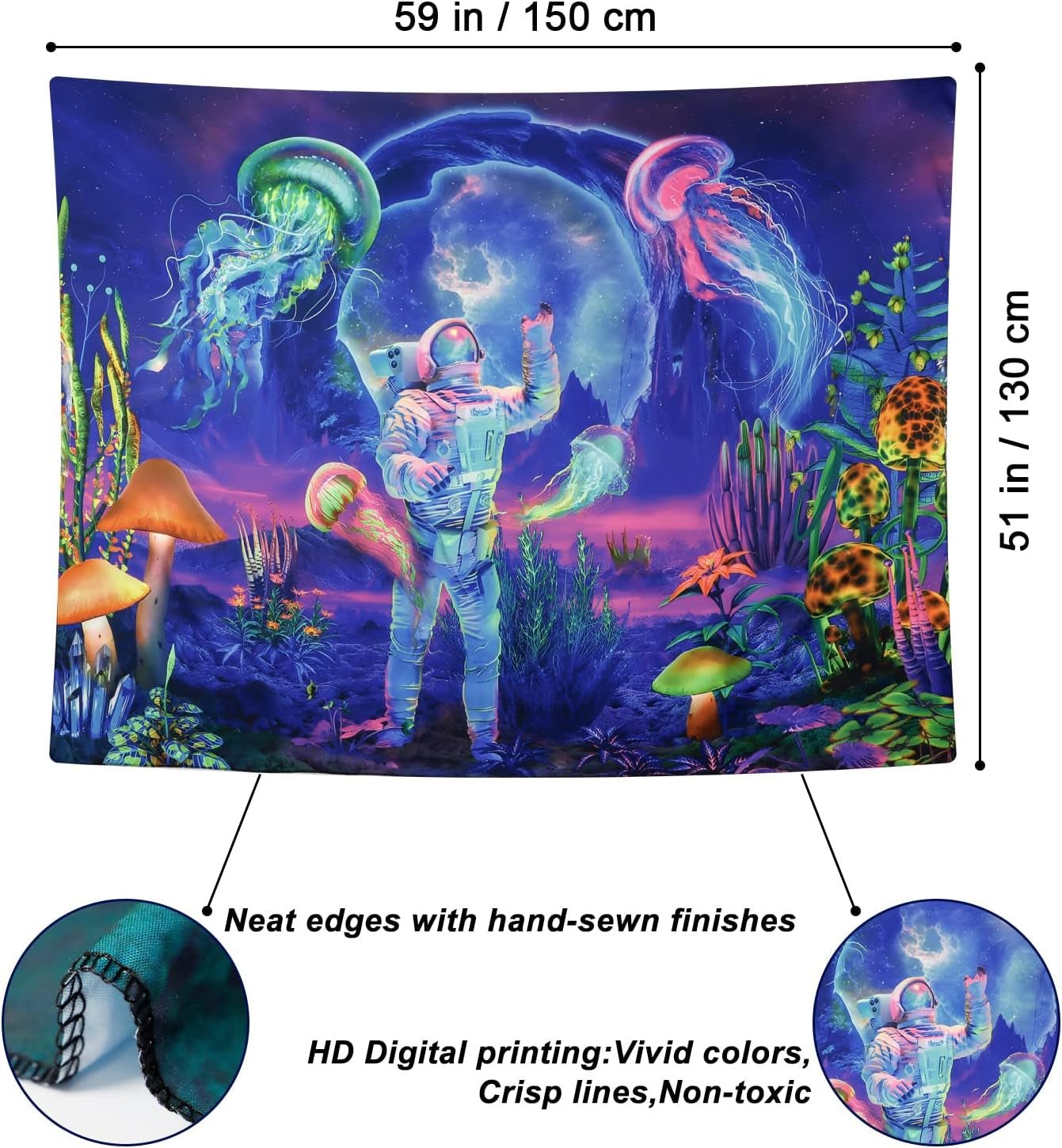 Wandteppich Betylfoy Schwarzlicht Astronaut reaktive Pflanzen Qualle Zuhause - Accessoires und Dekorationen Naty Shop