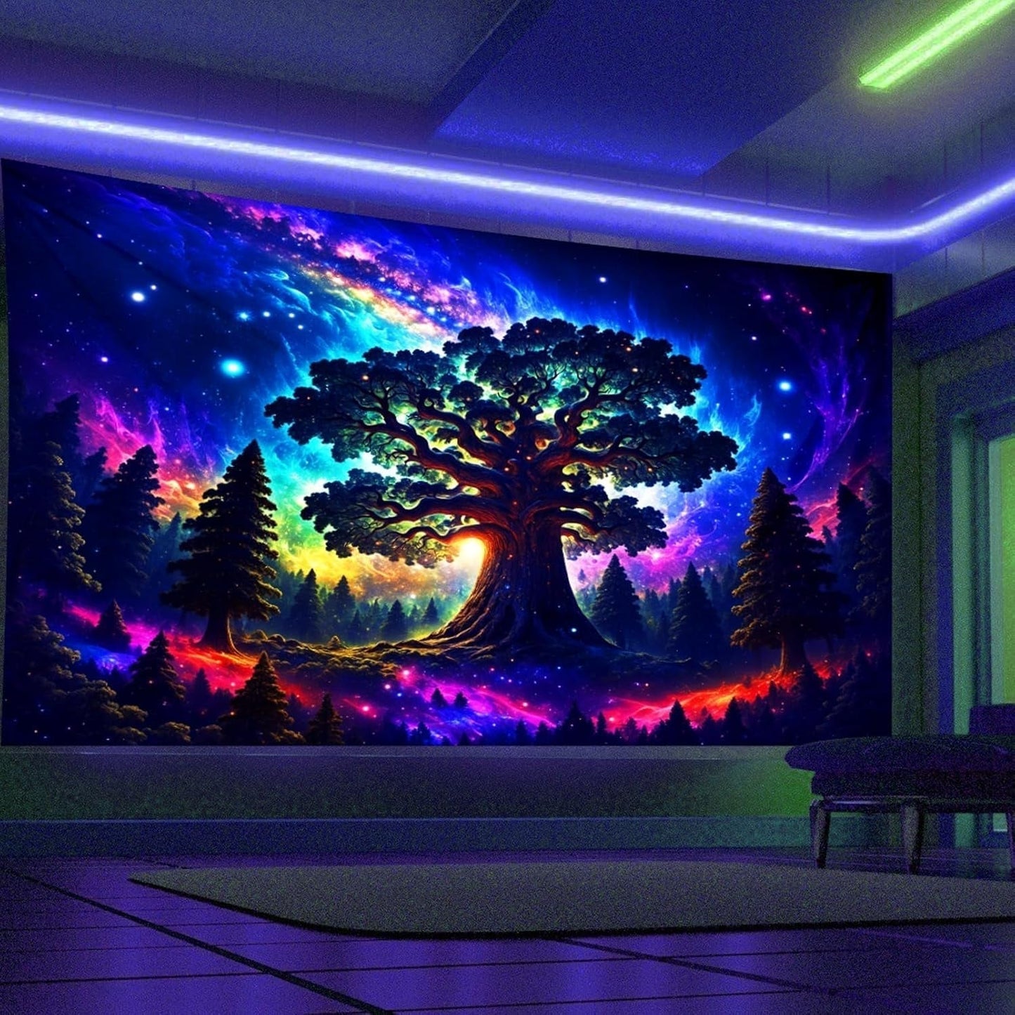 Wandteppich Schwarzlichtwald psychedelisch Natur Baum Sterne Galaxie Zuhause – Accessoires und Dekorationen Naty Shop