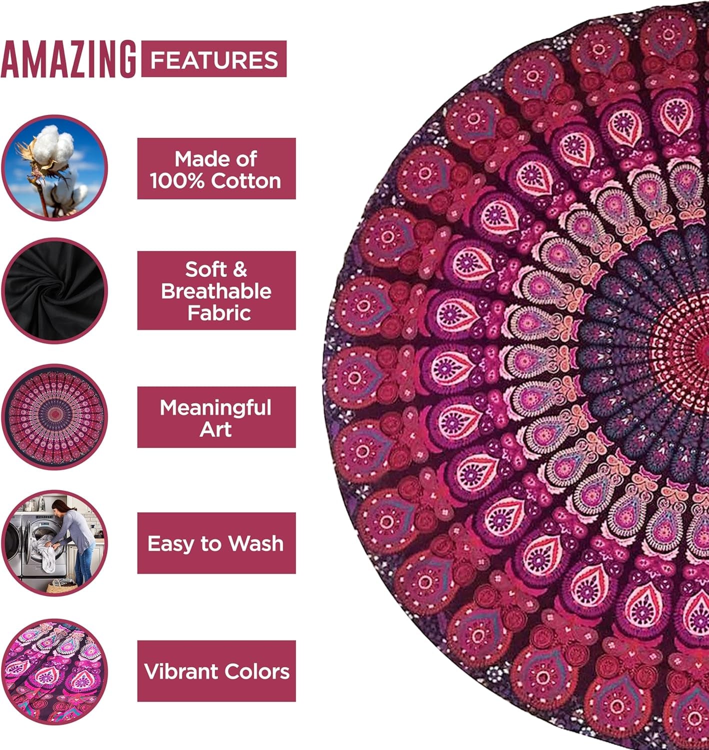 Indischer Wandteppich, Strandtuch, rund, Mandala, Hippie, violett, Zuhause – Accessoires und Dekorationen, Naty Shop
