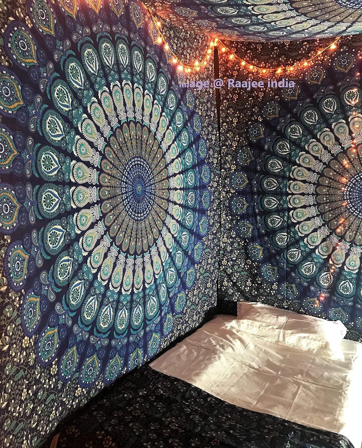 Indischer Wandteppich psychedelisches Mandala blau türkiser Elefant Zuhause – Accessoires und Dekorationen Naty Shop