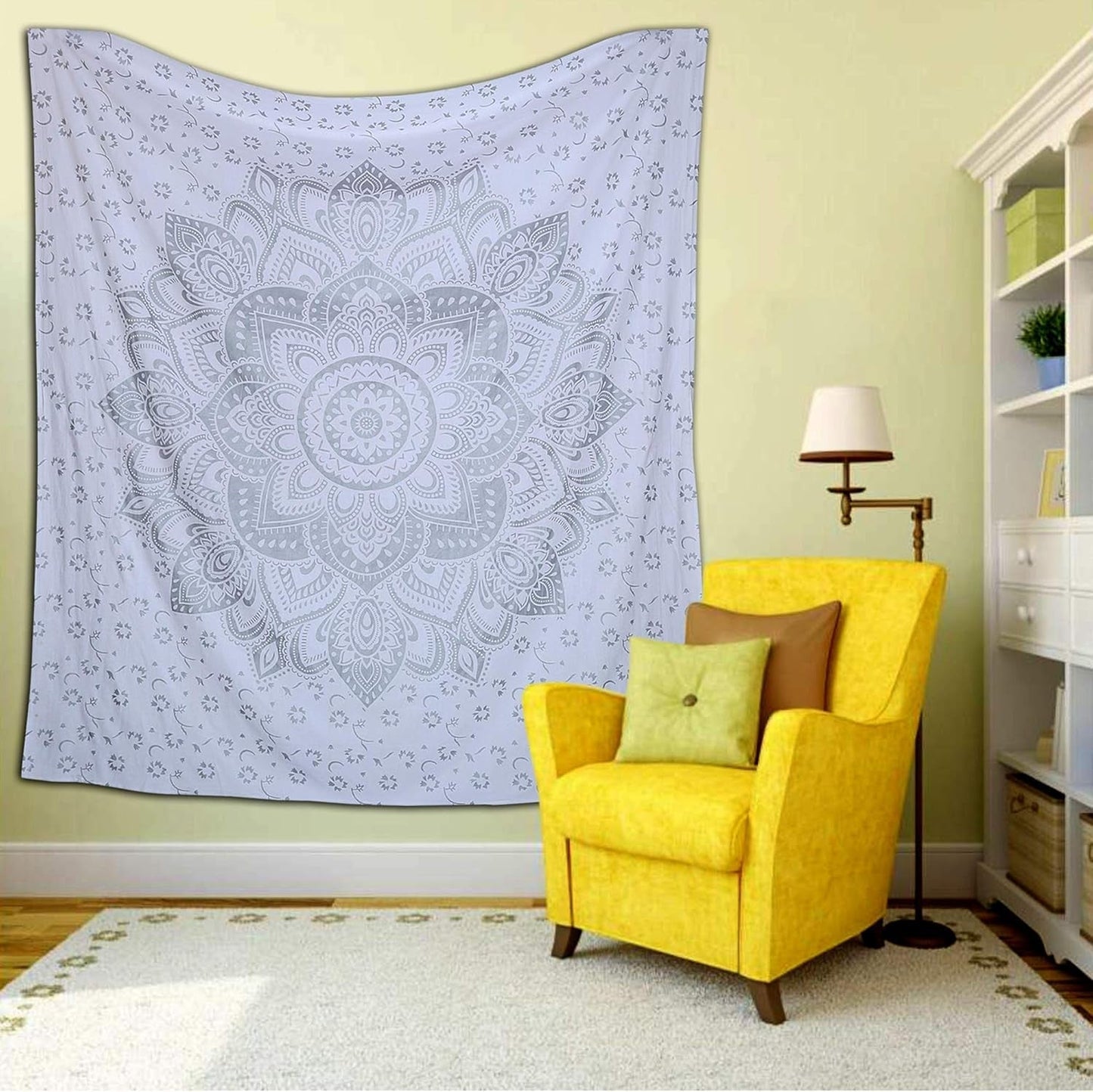 Indischer Wandteppich Mandala Silber Weiß Raumästhetische Leinwand Startseite – Accessoires und Dekorationen Naty Shop