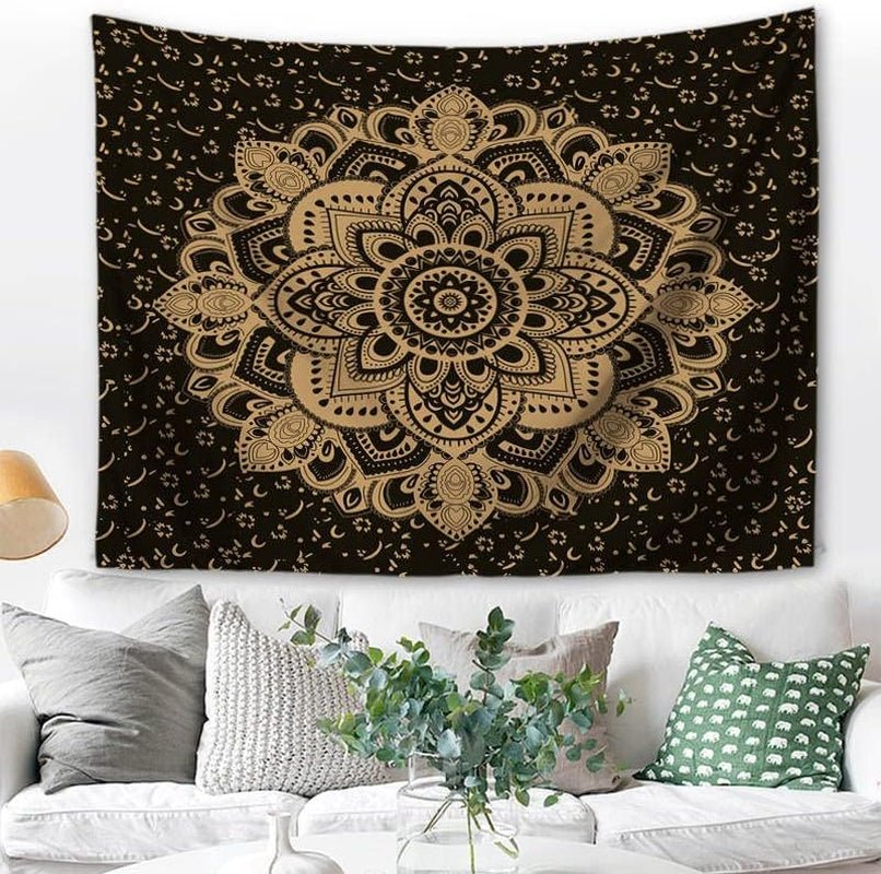 Majami Indischer Mandala-Wandteppich aus schwarzgoldenem Polyester-Canvas. Startseite – Accessoires und Dekorationen Naty Shop
