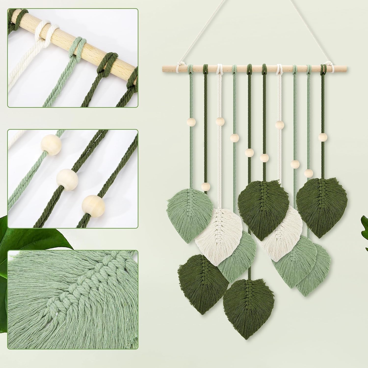 Wandteppich aus Holzperlen, grüne Blätter, Haken, Zuhause – Accessoires und Dekorationen, Naty Shop