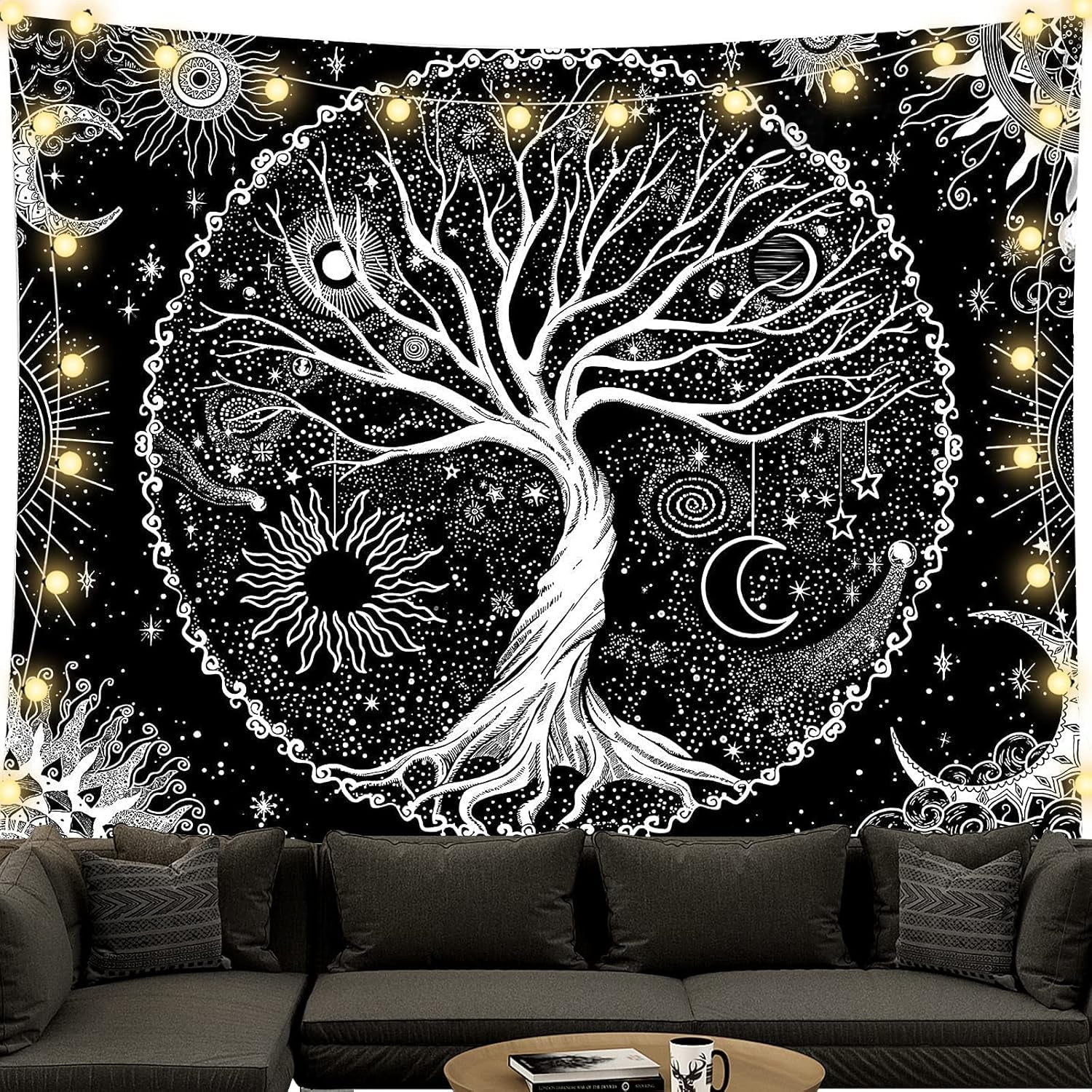 Wandteppich schwarz-weiß Baum des Lebens Wandteppich Mondphasen Zuhause – Accessoires und Dekorationen Naty Shop Baum des Lebens 200 L x 150 B cm
