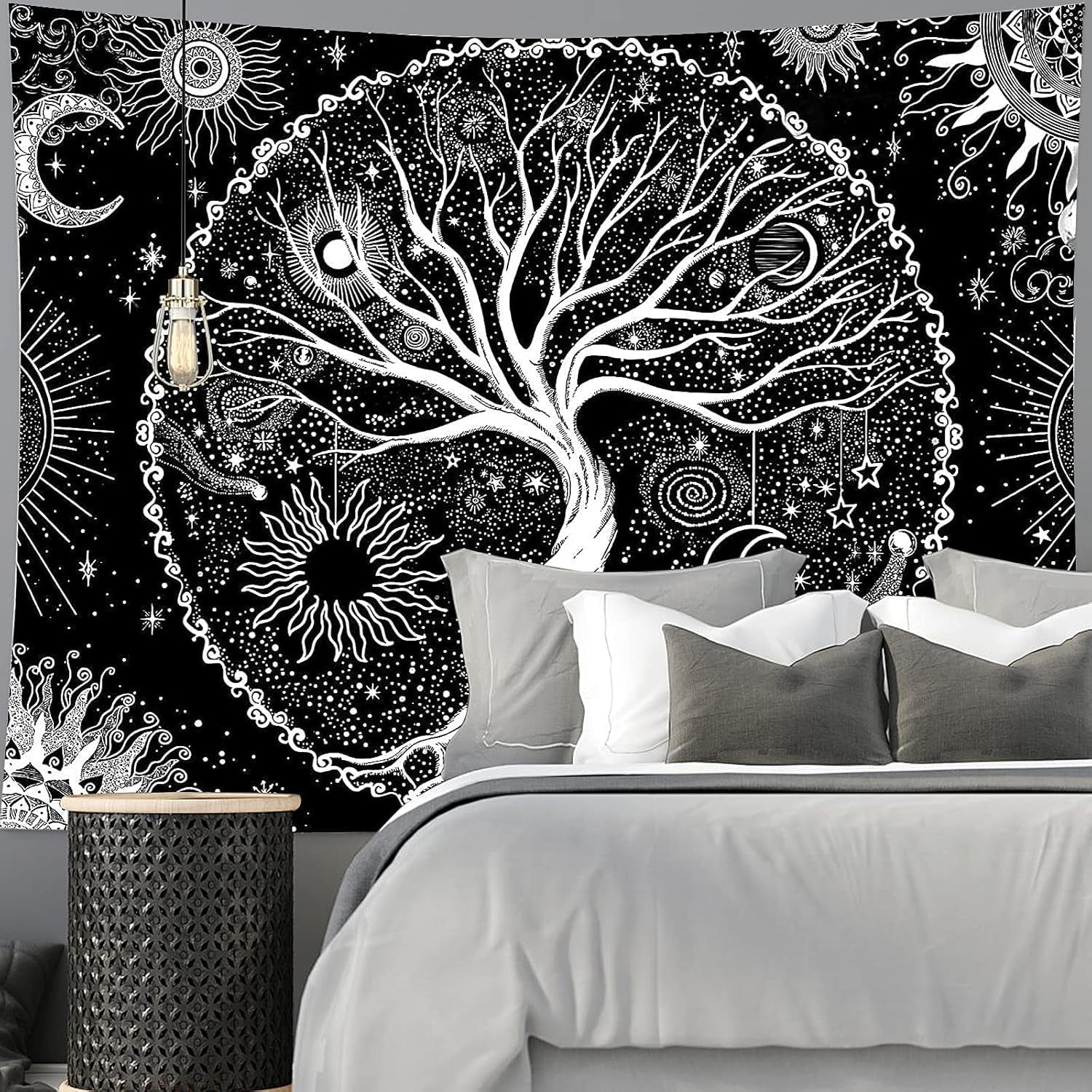 Wandteppich schwarz weiß Baumleben Wandteppich Phasen Mond Zuhause - Accessoires und Dekorationen Naty Shop
