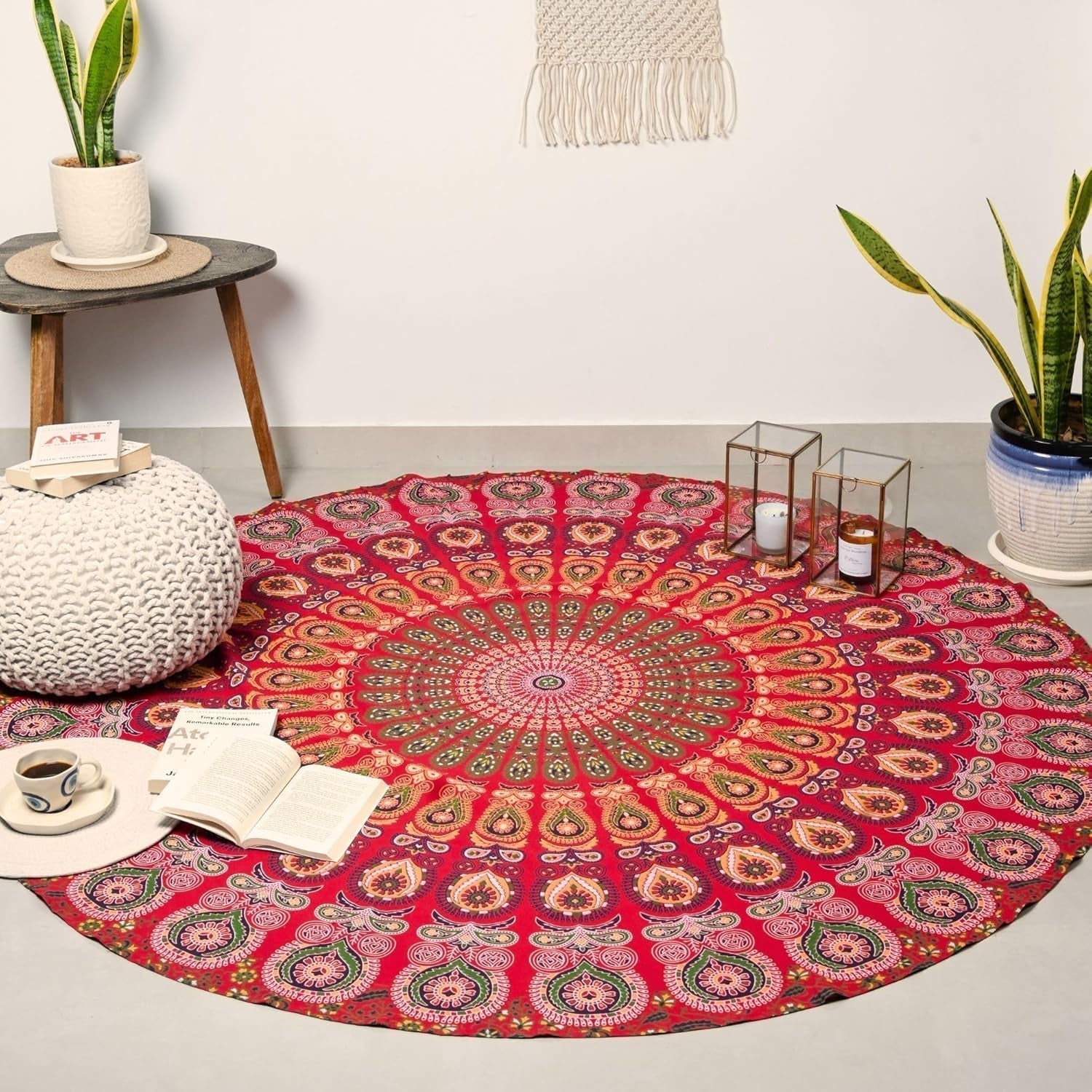 Runder Wandteppich Pfau Mandala Zentimeter Roundie Hippie Girl Casa - Accessoires und Dekorationen Naty Shop Golden red D-72"