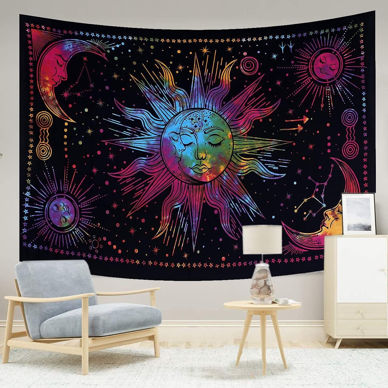 Wandteppich Sonne Mond Stern spirituell ästhetisch Regenbogen Baumwolle Zuhause – Accessoires und Dekorationen Naty Shop Regenbogen 150 L x 137 B cm