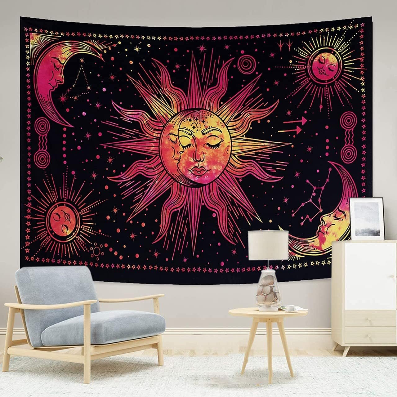 Wandteppich Sonne Mond Stern spirituell ästhetisch Regenbogen Baumwolle Zuhause – Accessoires und Dekorationen Naty Shop Rot 210 L x 140 B cm