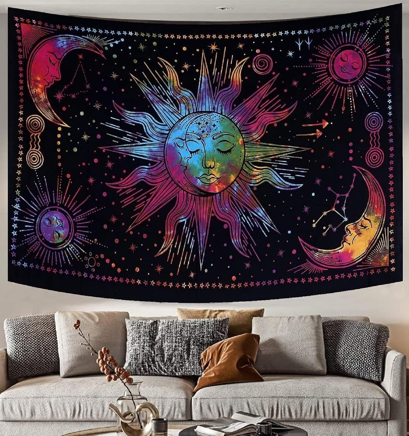 Wandteppich Sonne Mond Stern spirituell ästhetisch Regenbogen Baumwolle Zuhause – Accessoires und Dekorationen Naty Shop Regenbogen 210 L x 140 B cm
