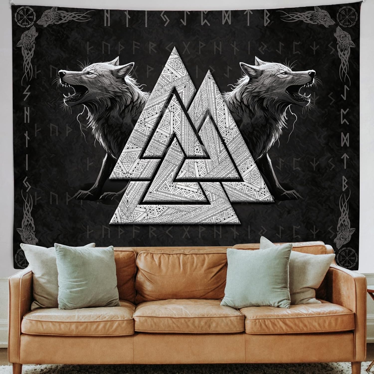 Wandteppich Wikinger Wolf Totem schwarz weiß Meditation Runen Startseite – Accessoires und Dekorationen Naty Shop