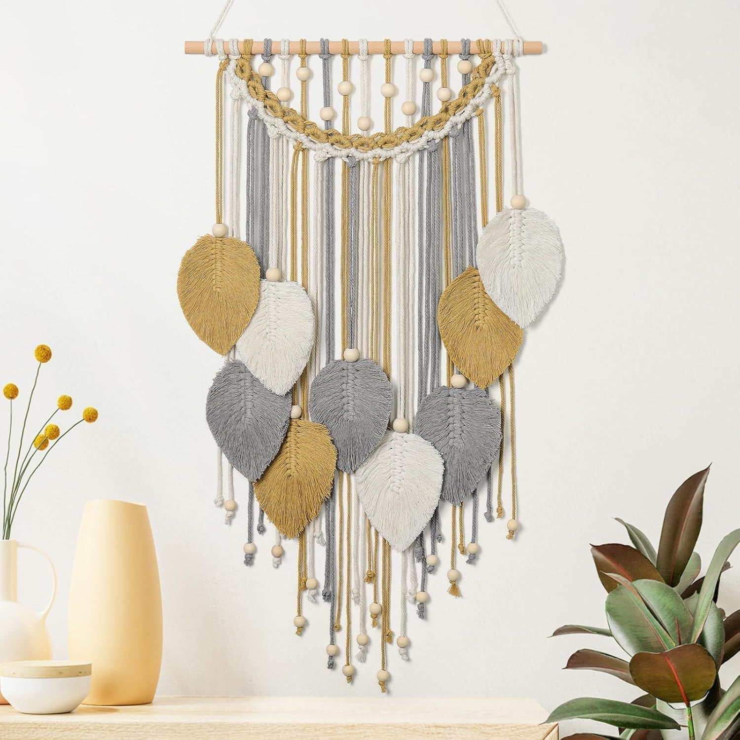 Wandteppich Weldomcor Wandteppich kleine Handelsperlen Holzblätter Startseite - Accessoires und Dekorationen Naty Shop Khakifarben