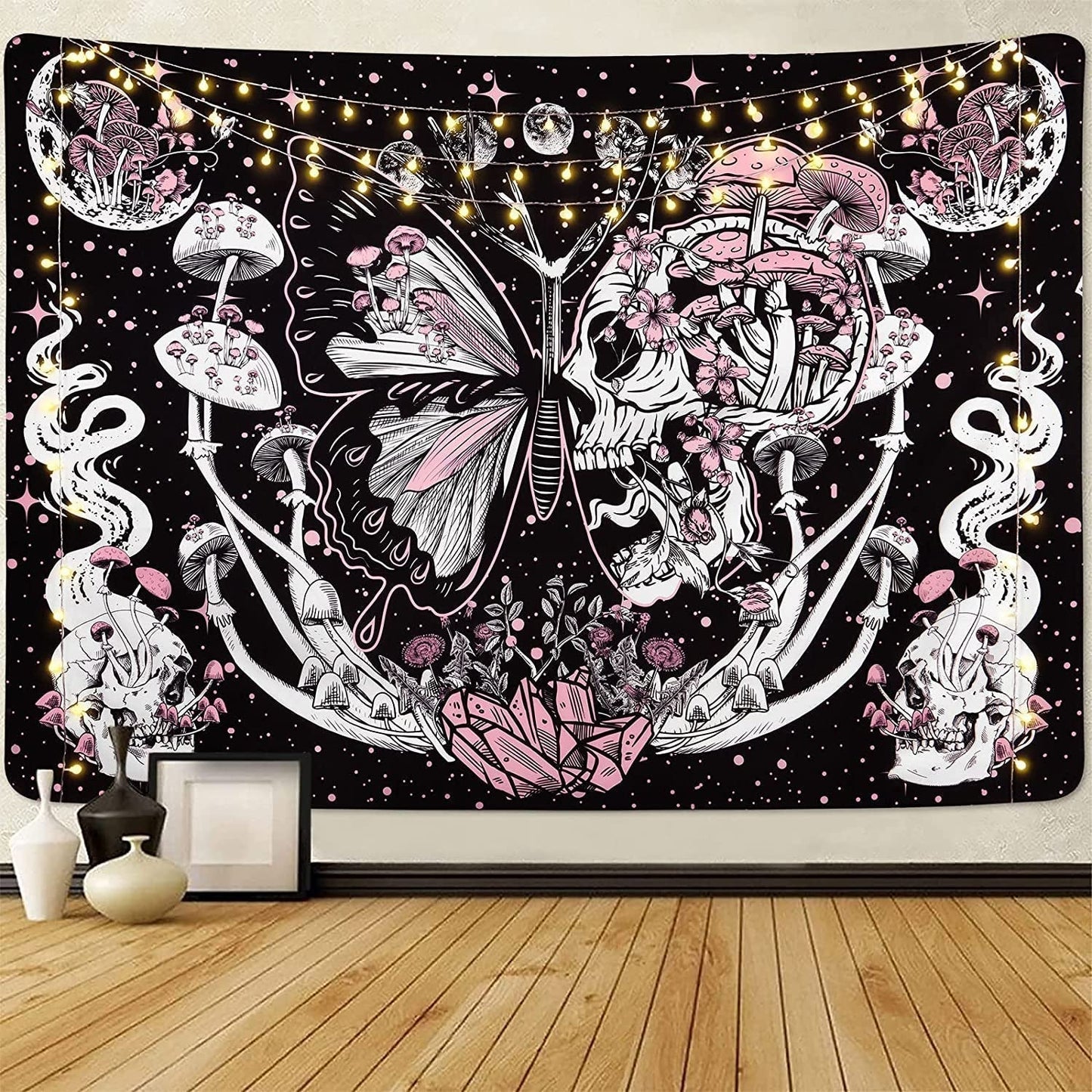 Wandteppich Yrenendenge Schmetterlinge Skelett Pilze Haus Sterne Mond Zuhause – Accessoires und Dekorationen Naty Shop Totenkopf-Pilzmotte 150 x 130 cm