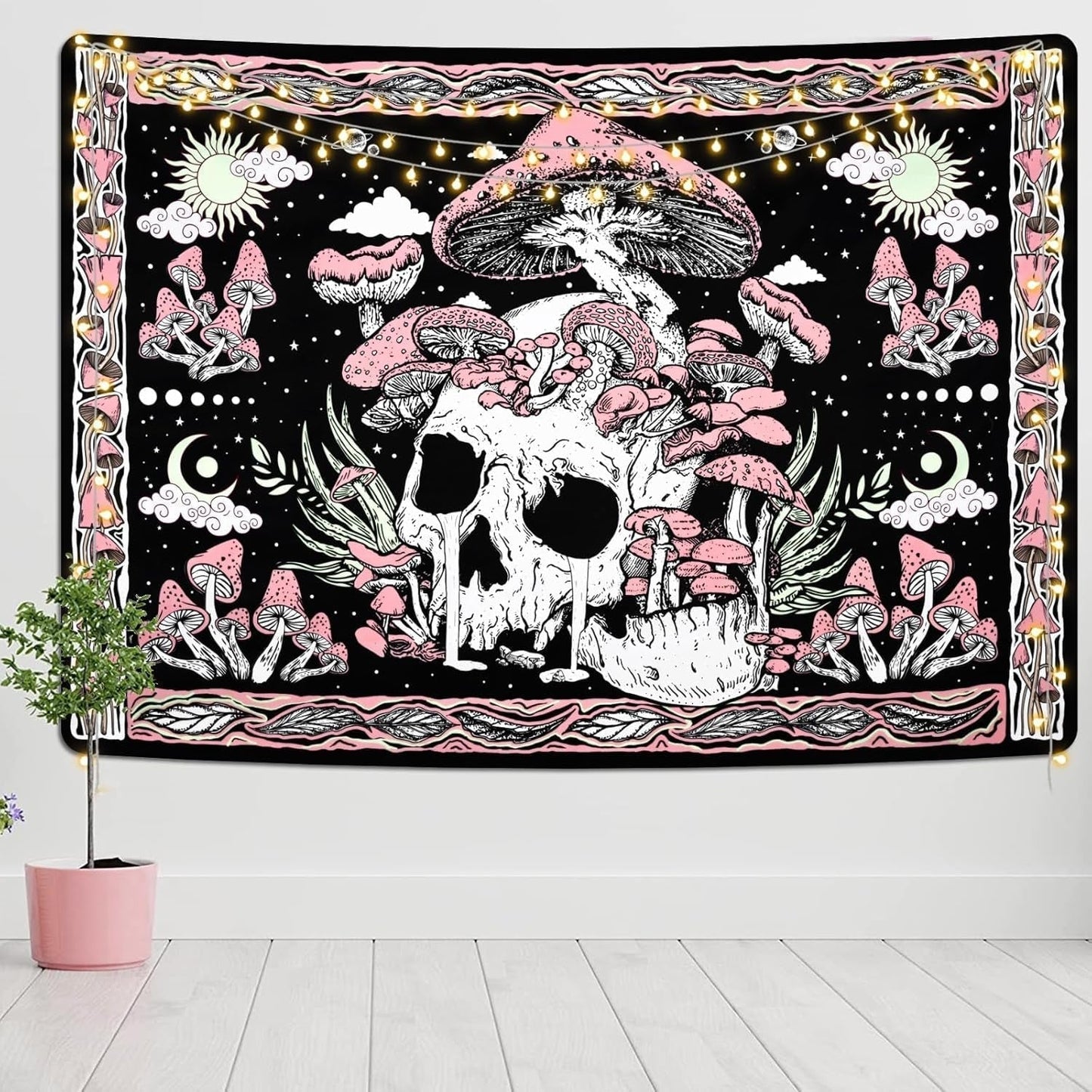 Gobelin Yugarlibi rosa Totenkopf Pilze Skelett Zuhause – Accessoires und Dekorationen Naty Shop