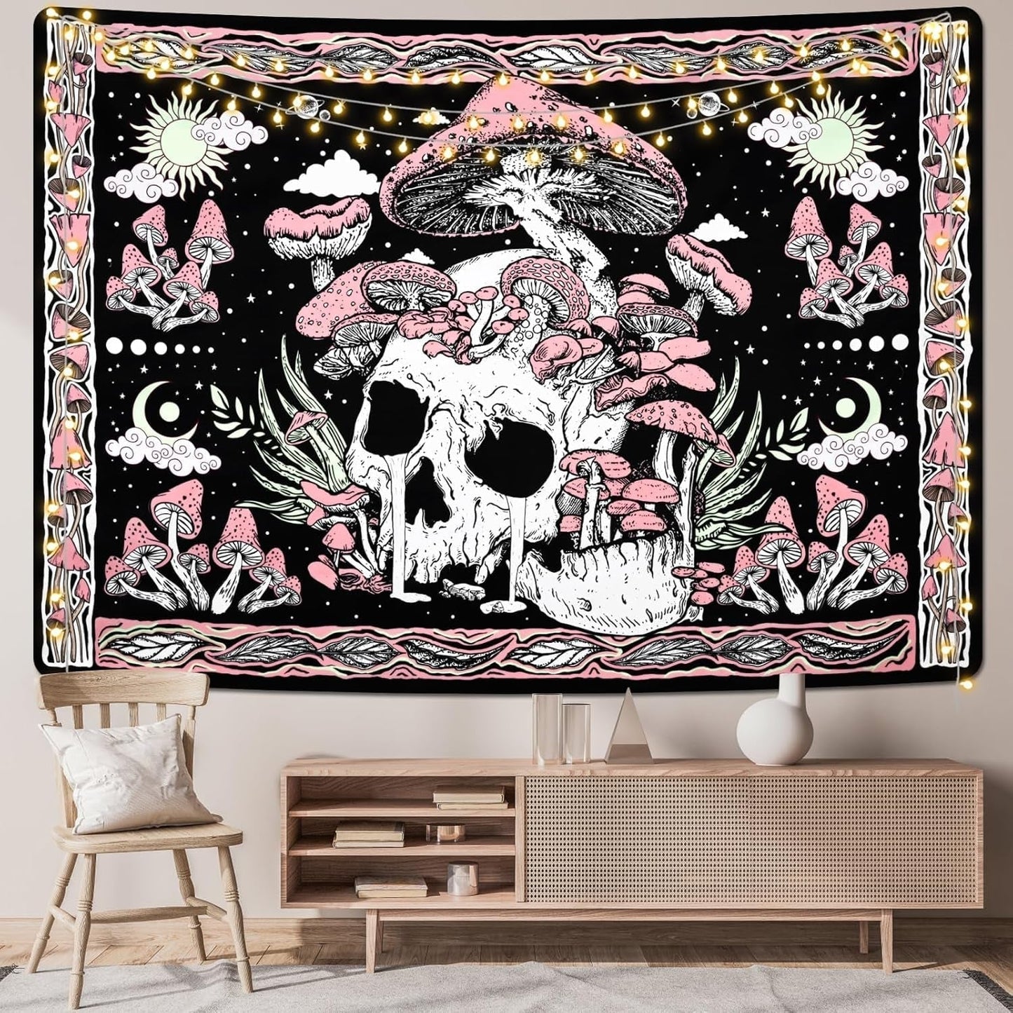 Gobelin Yugarlibi rosa Totenkopf Pilze Skelett Zuhause – Accessoires und Dekorationen Naty Shop